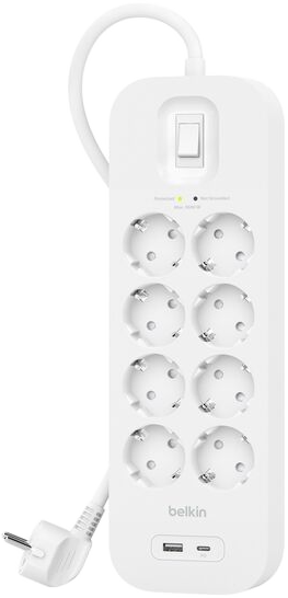 BELKIN Túlfeszültségvédő, hosszabbító 8 aljzattaltal USB-A, USB-C csatlakozással, fehér (SRB003vf2M-V2)