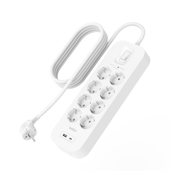 Fehér elosztó 8 aljzattal, 2 USB-C porttal és kapcsolóval.