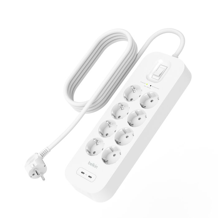 Fehér Belkin elosztó 8 aljzattal, kapcsolóval és két USB-C porttal.