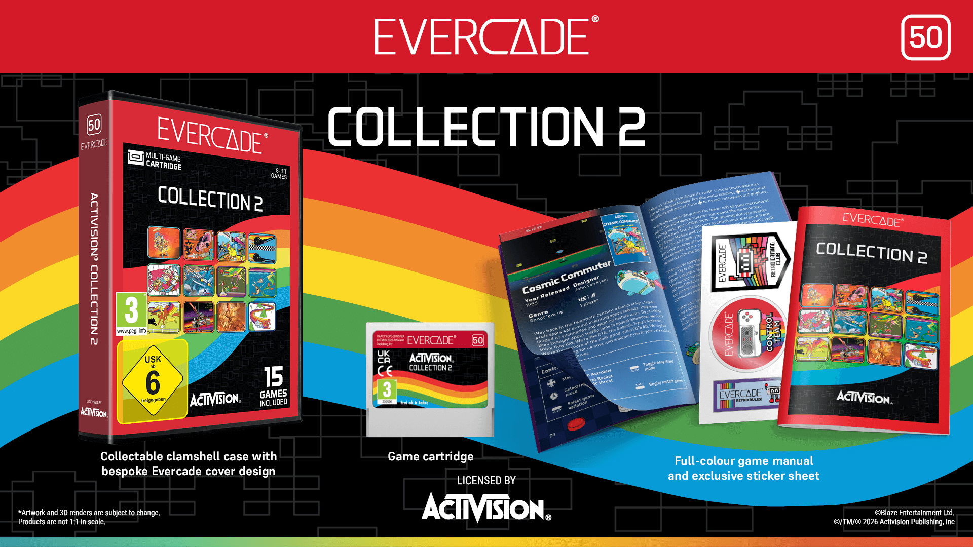 Evercade Collection 2 Spielverpackung, Handbuch und Cartridge mit bunten Grafiken.
