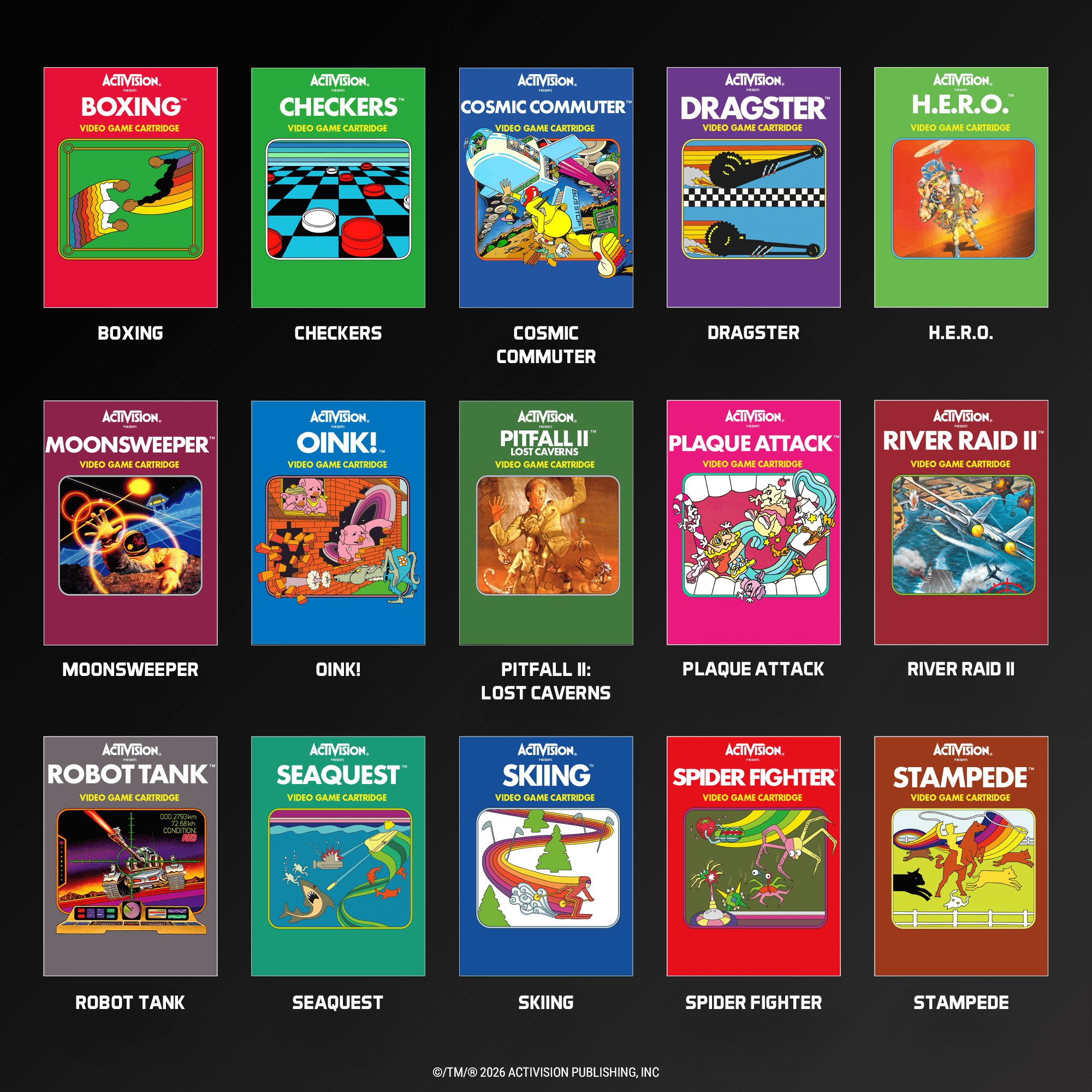 Eine Collage aus 15 Activision-Videospielkassetten, jede mit einzigartigem Cover-Artwork, angeordnet in einem 3x5-Raster auf dunklem Hintergrund.
