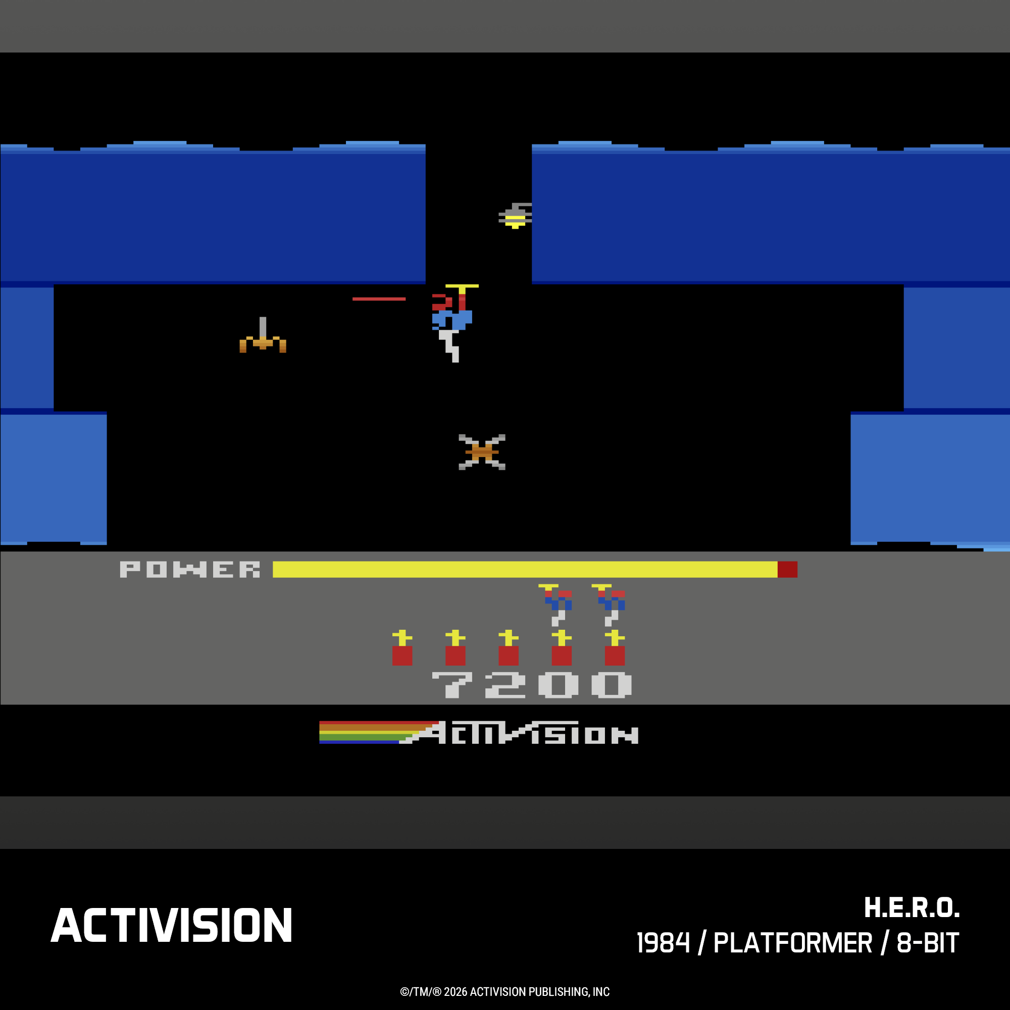 8-Bit-Spielszene mit blauen Blöcken, einem fliegenden Charakter und einer Kraftanzeige.