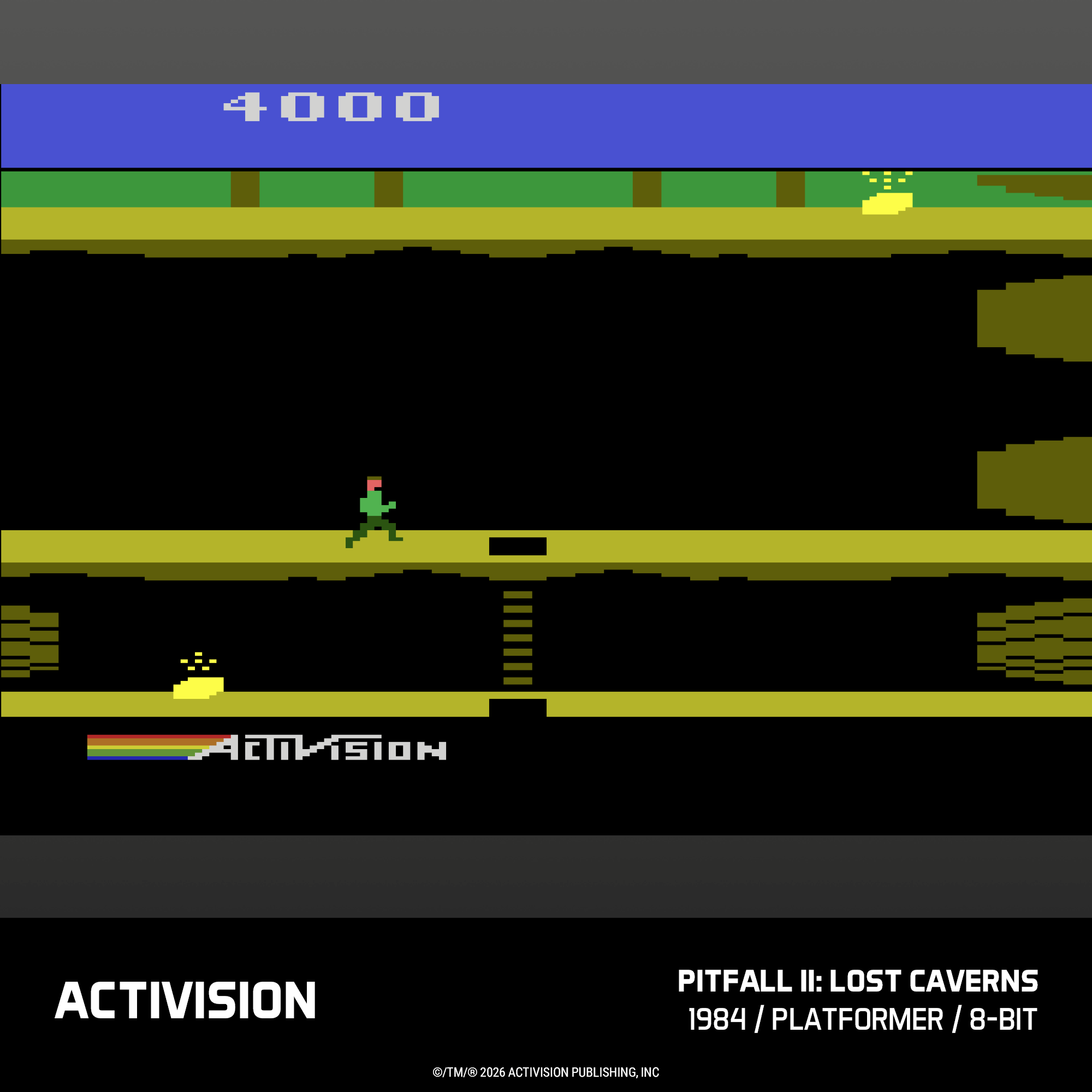 Ein 8-Bit-Spielbildschirm mit einem Läufer auf einer Plattform. Punktestand 4000.