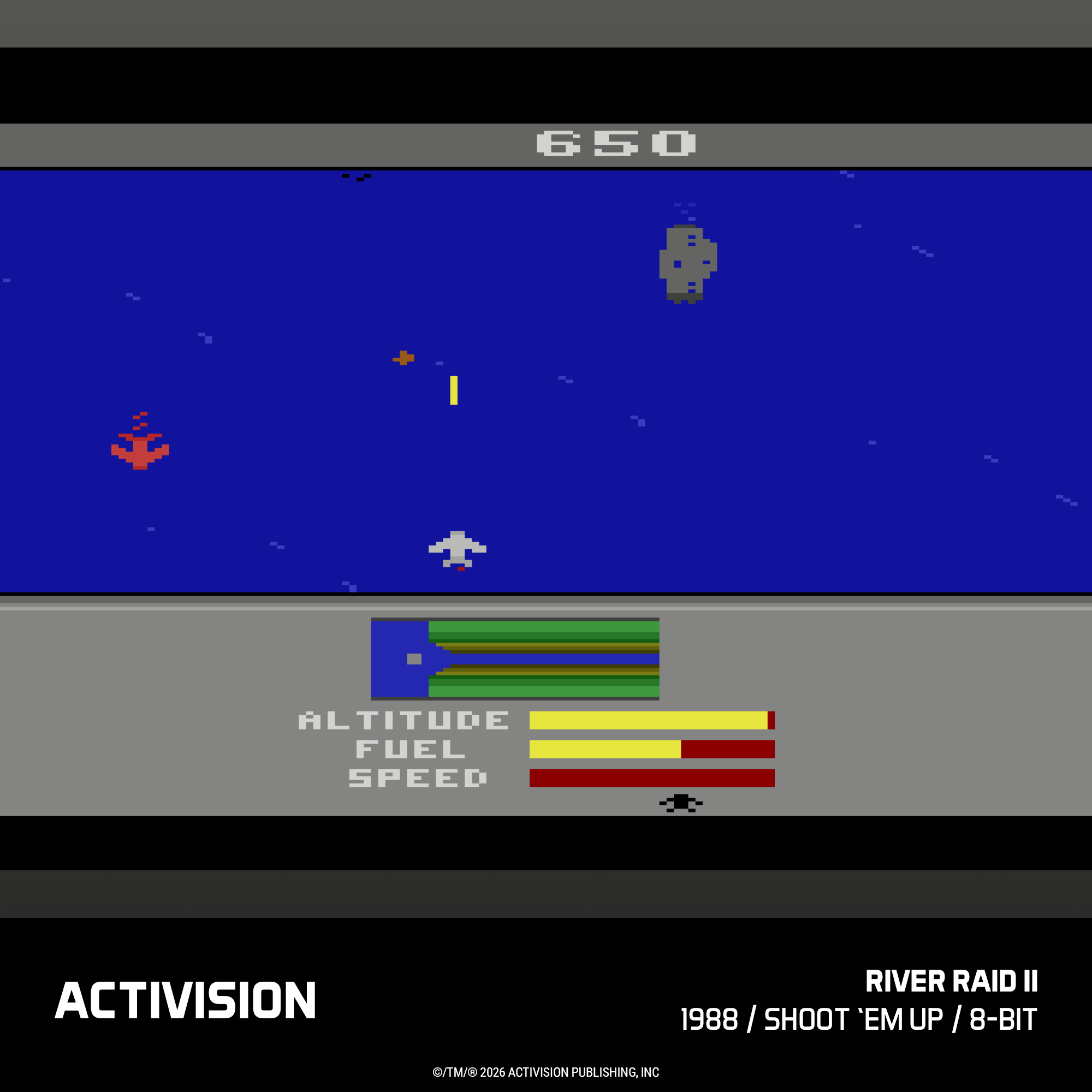 8-Bit-Spiel: Ein Flugzeug fliegt über blauem Wasser, mit Gegnern und HUD.
