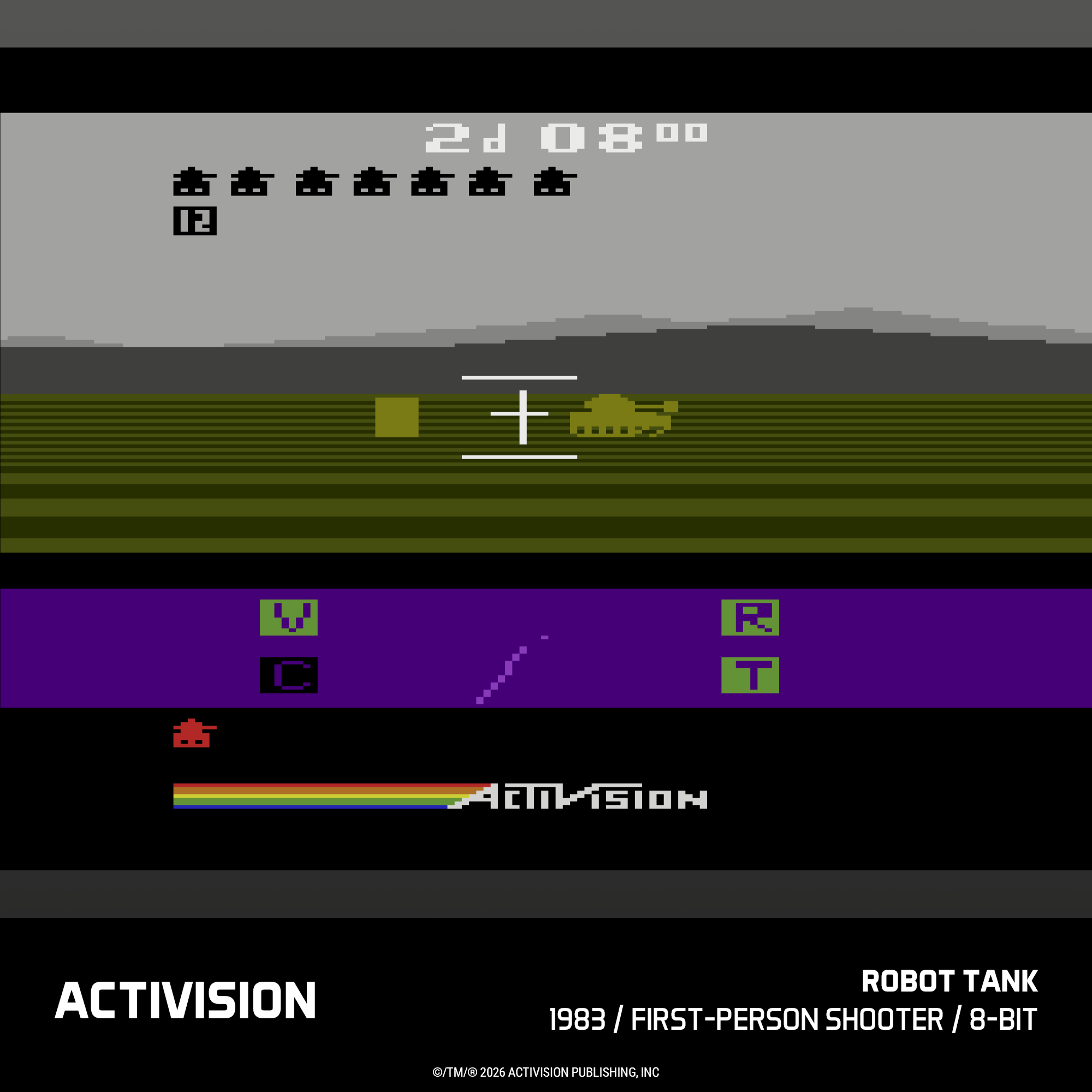 Pixelgrafik eines Videospiels mit Panzern, einem Zielkreuz und Text.