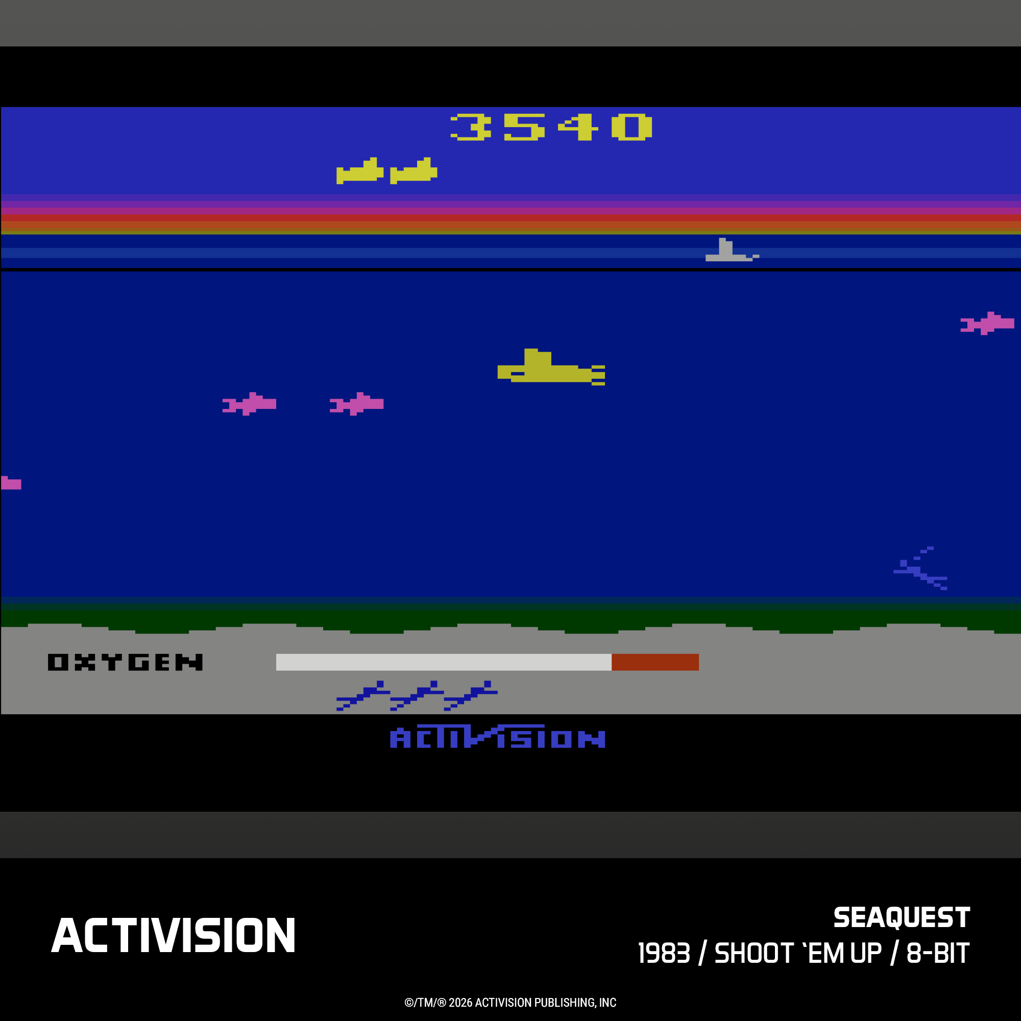 Retro-Videospiel-Szene mit U-Boot, Fischen und Sauerstoffanzeige.