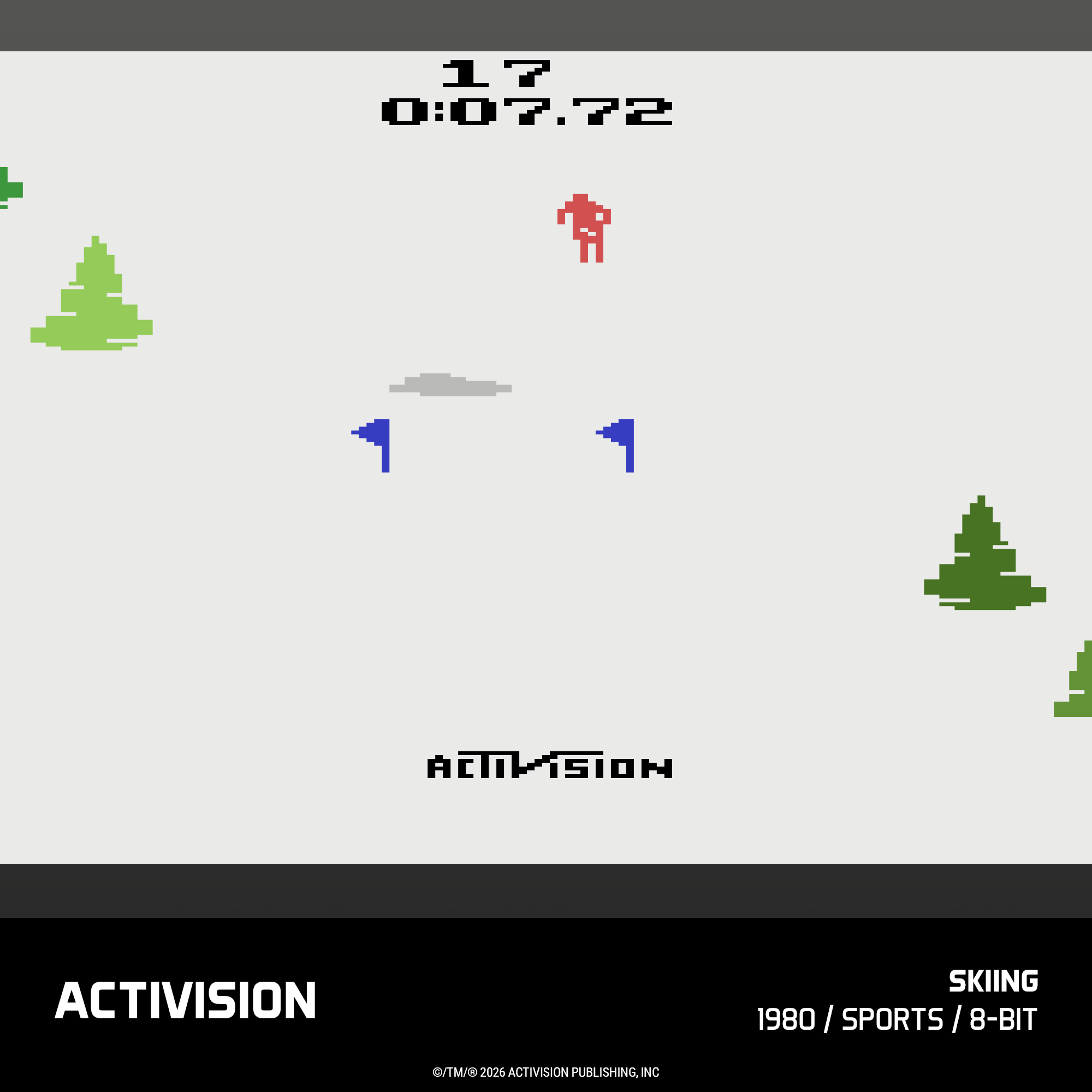 8-Bit-Skispiel mit roter Figur, blauen Fahnen und grünen Bäumen.