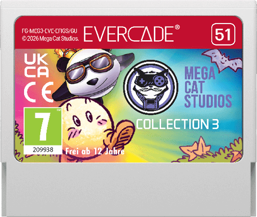 Evercade-Spielhülle mit Panda, Katze, Fledermaus. Mega Cat Studios Collection 3.
