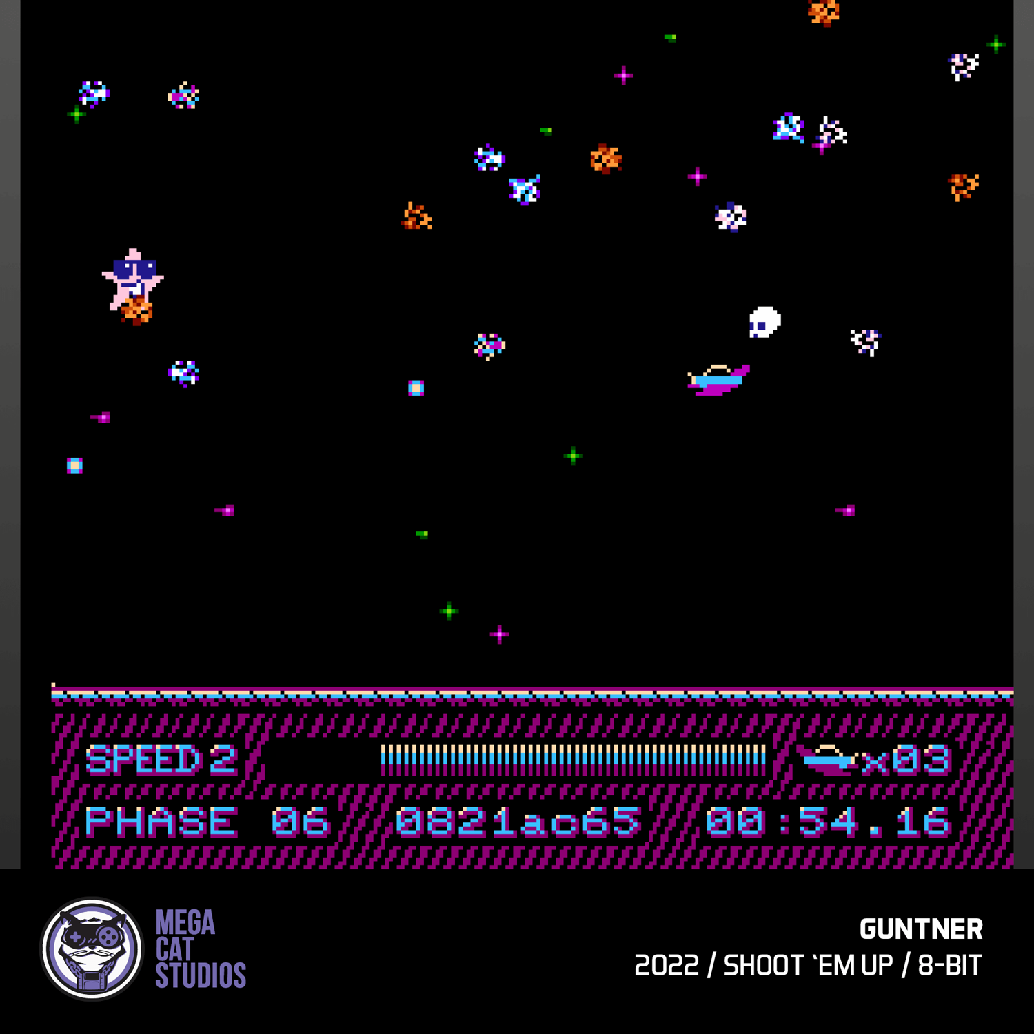 8-Bit Weltraumspiel mit Sternen, Schiffen und Punktestand.