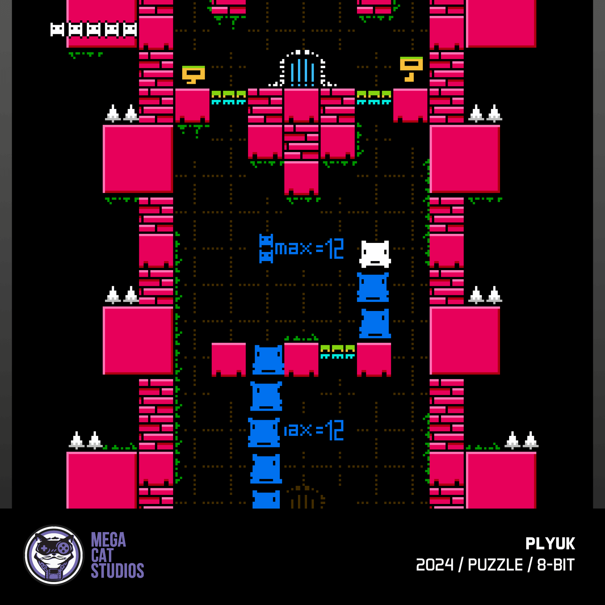 8-Bit-Spielbildschirm mit rosa Blöcken, blauen Figuren und Text.