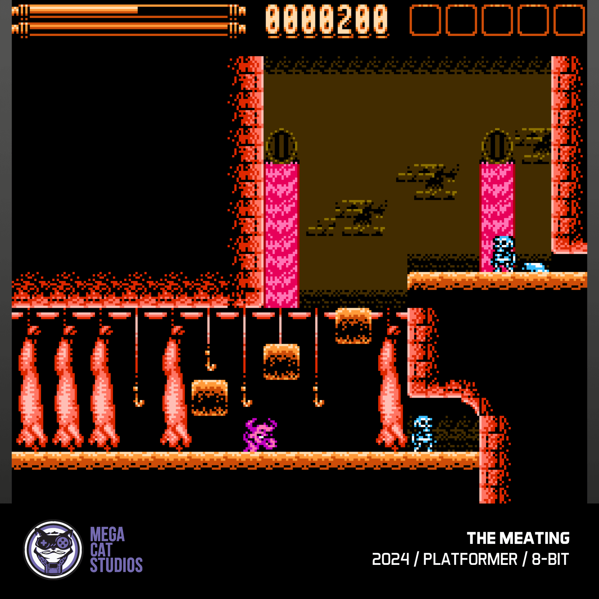 8-Bit-Spielszene mit blauen und lila Figuren, Fleisch und roter Architektur.