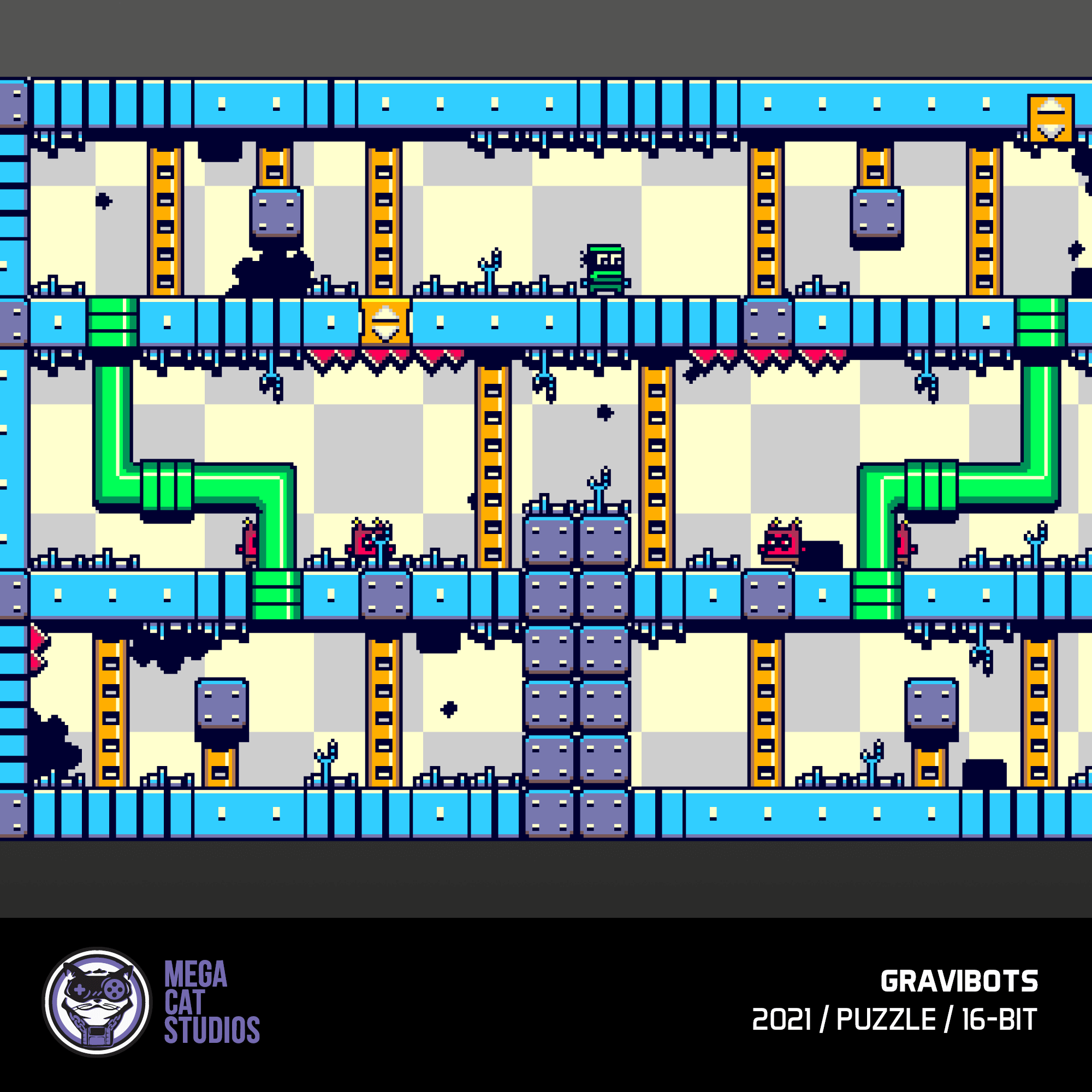 Pixel-Art-Spielszene mit blauen und gelben Plattformen, grünen Rohren und kleinen Charakteren.