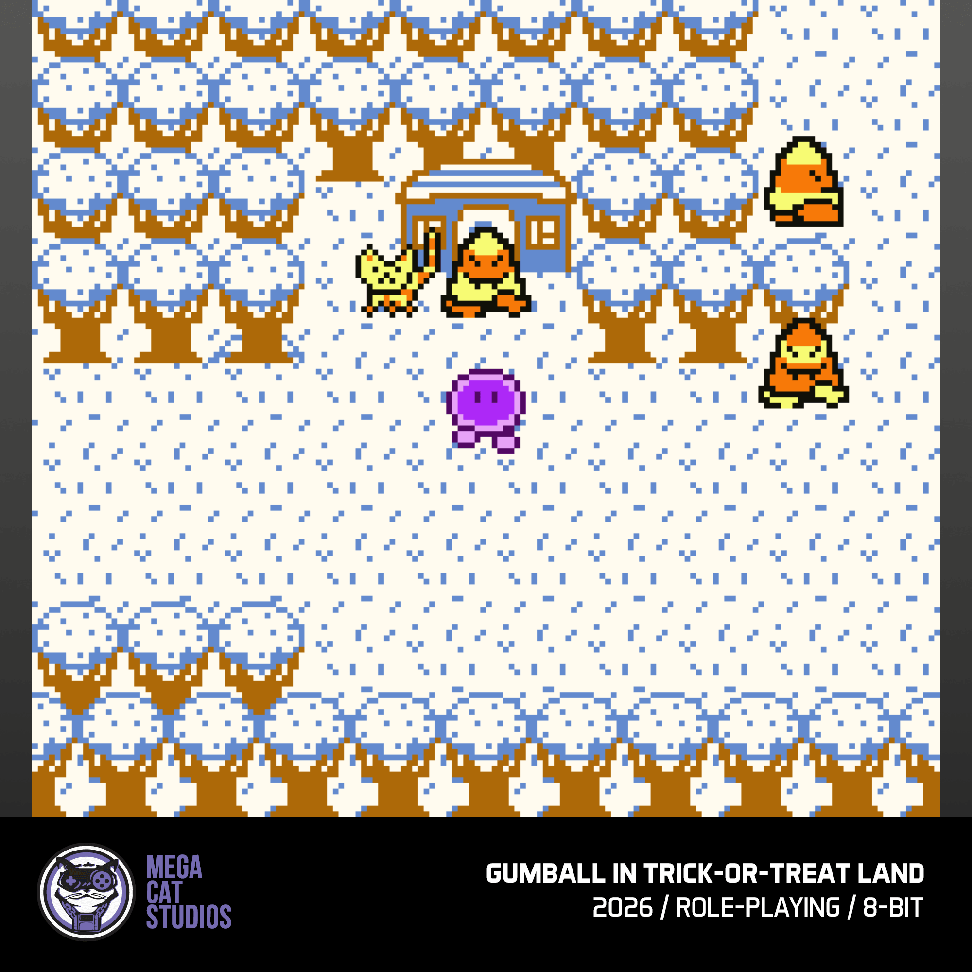 8-Bit-Spielszene mit lila Gumballs, Katze, Ente und Haus im Schnee.