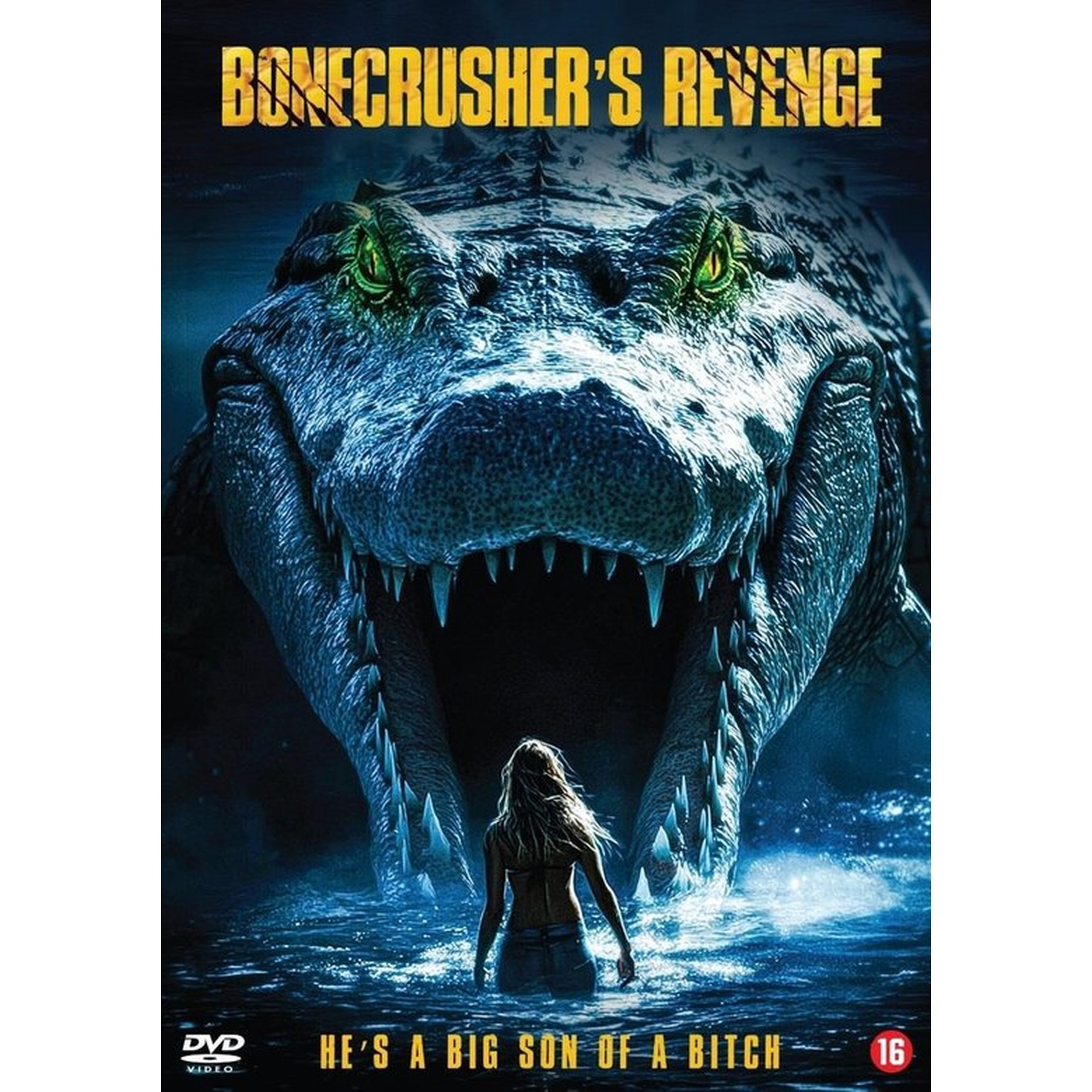Une femme fait face à un alligator géant gueule ouverte. Titre : Bonecrusher's Revenge.