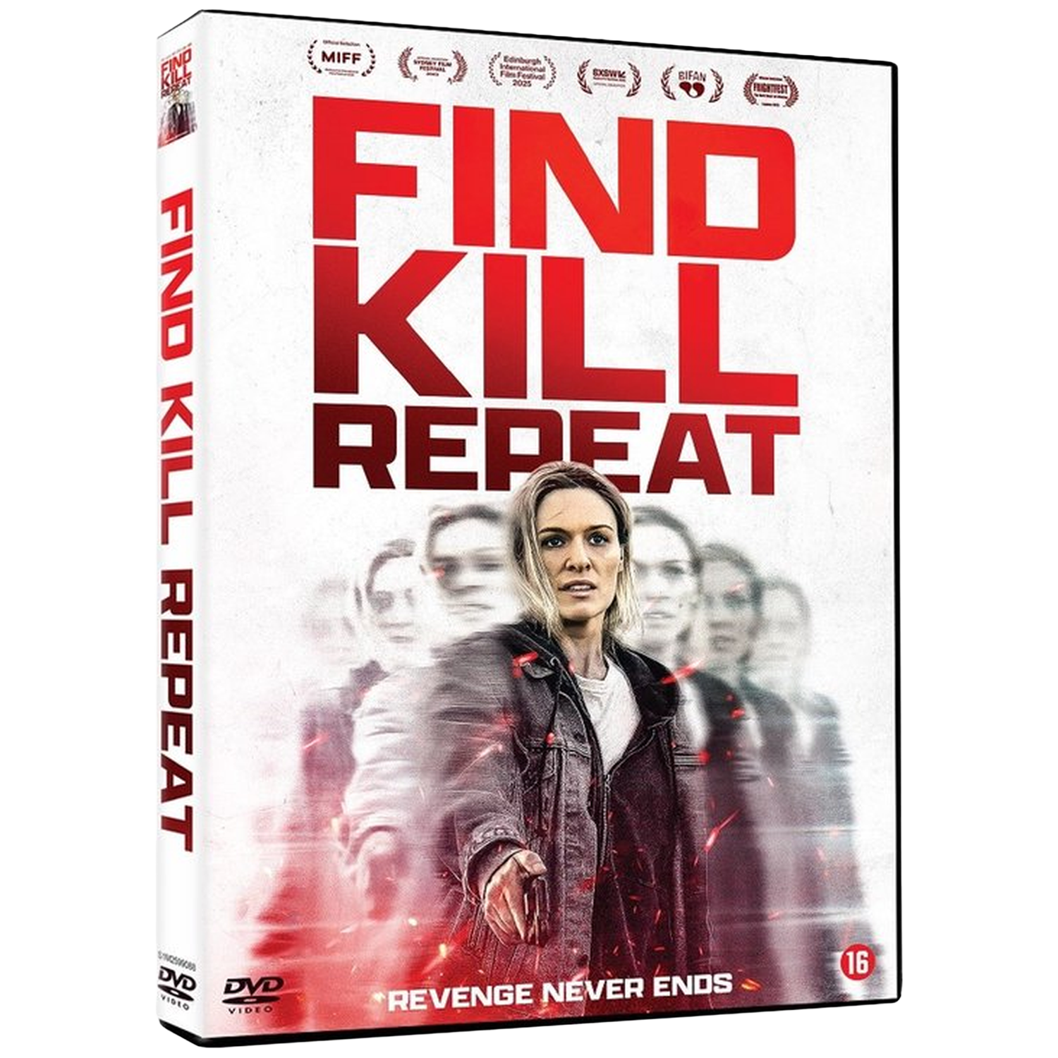 Couverture DVD "FIND KILL REPEAT" avec une femme au premier plan.