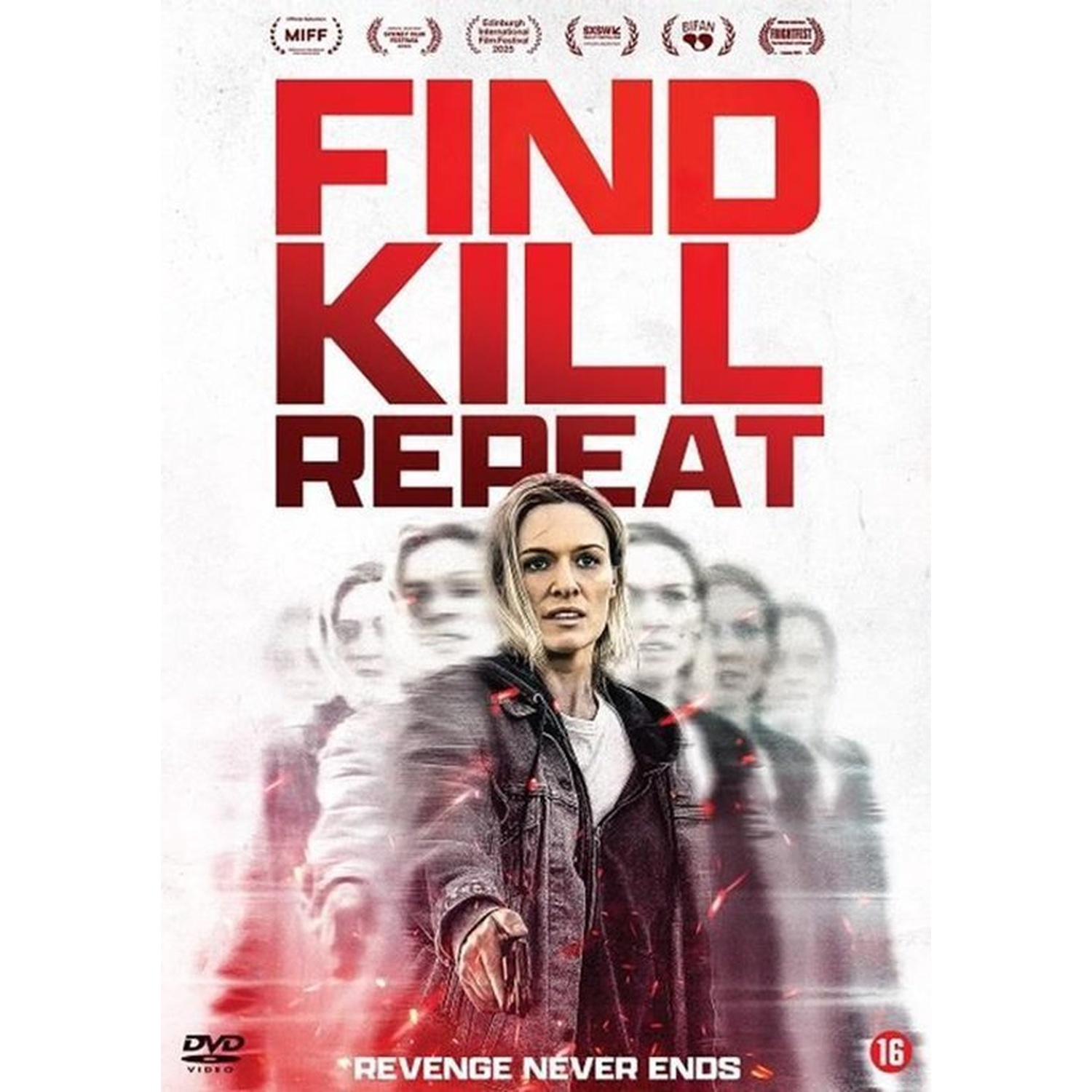 Affiche du film Find Kill Repeat. Une femme en veste en jean est au premier plan, tendant la main.