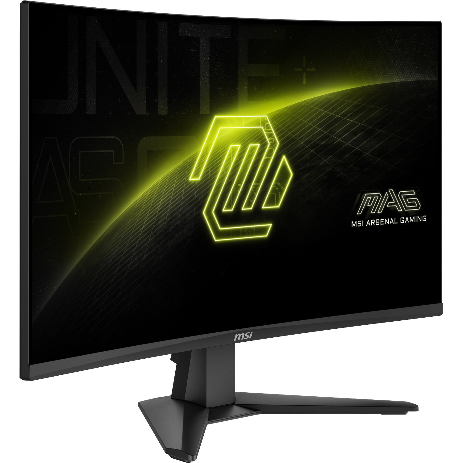 Een gebogen gamingmonitor met een felgeel logo en MSI-tekst.