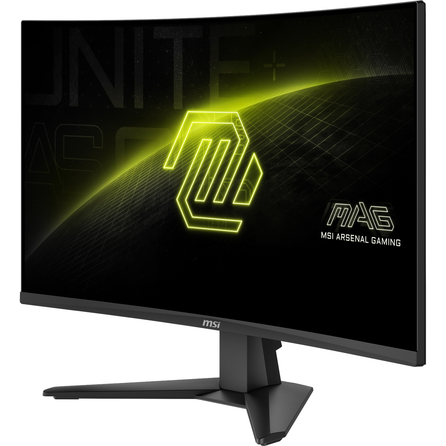 Een gebogen MSI gaming monitor toont een geel logo en patroon.