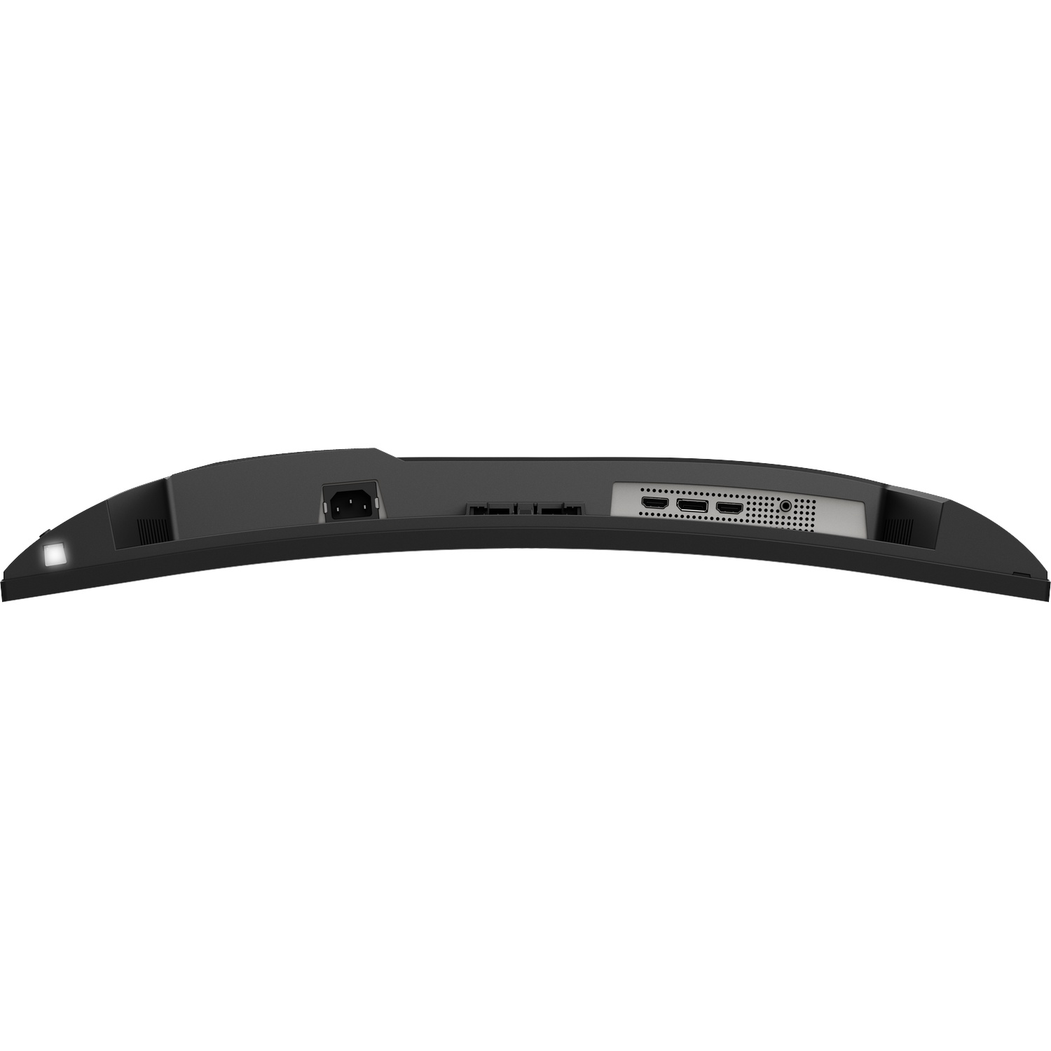 Achterkant van een zwarte monitor met stroom-, HDMI- en USB-C-poorten.