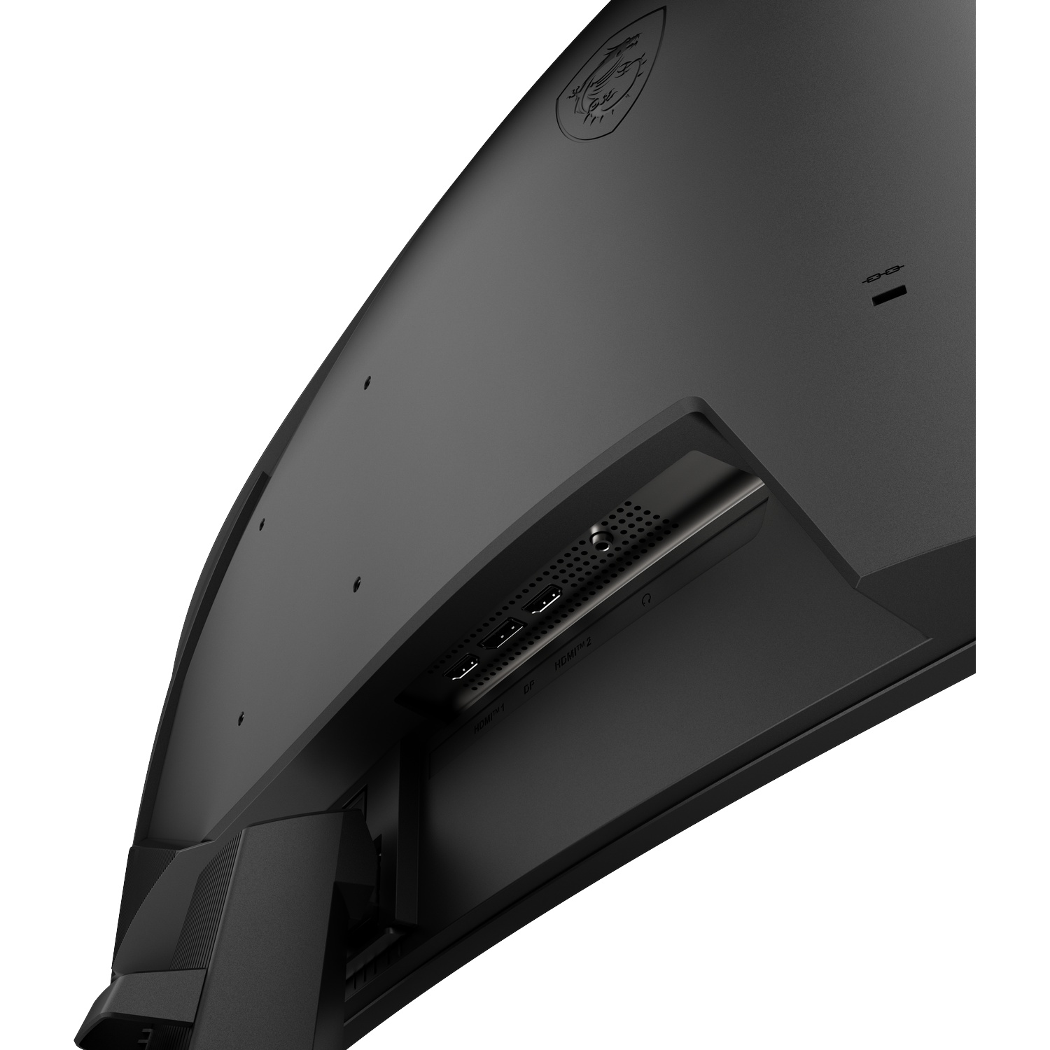 Achterkant van een zwarte monitor met poorten: HDMI, DP en USB.