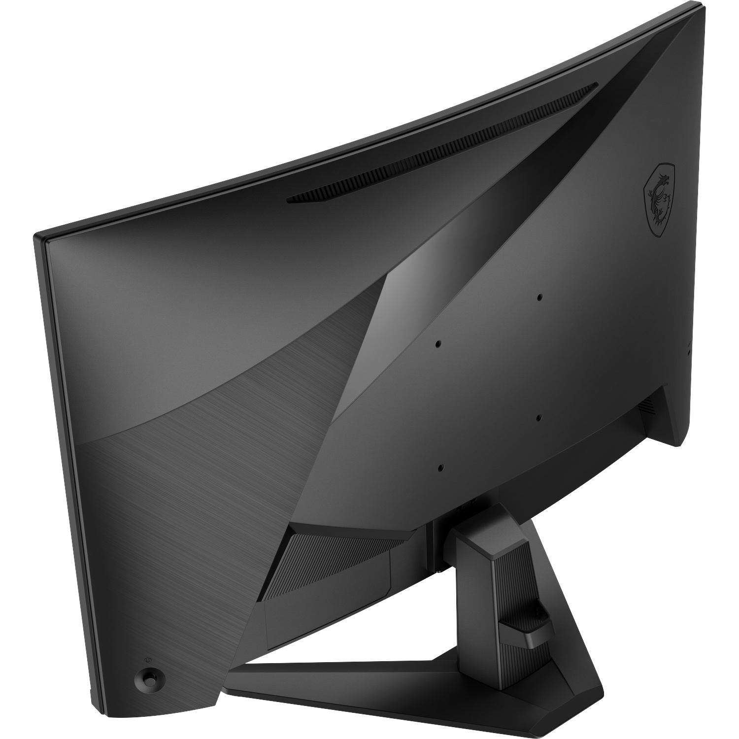 Achterkant van een zwarte, gebogen gamingmonitor met geometrisch design en MSI-logo.
