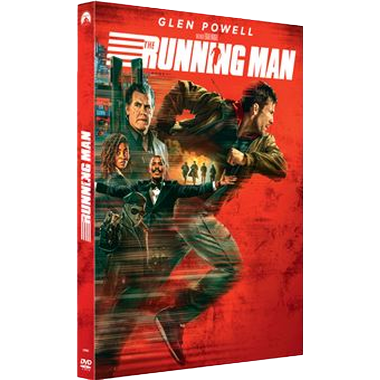 Couverture DVD "The Running Man" avec casting en mouvement sur fond rouge.