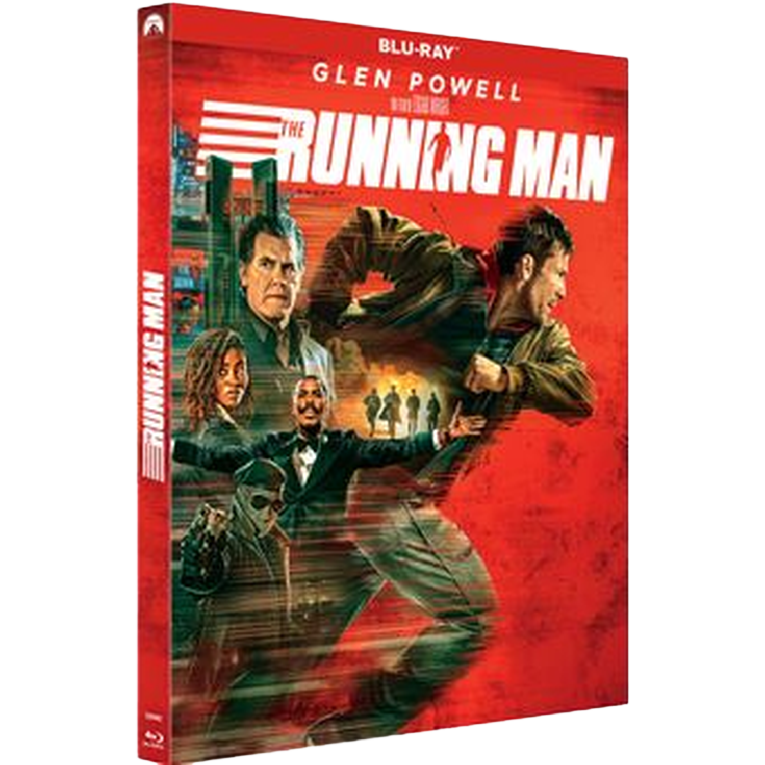 La couverture Blu-ray de The Running Man présente des personnages d'action sur fond rouge.