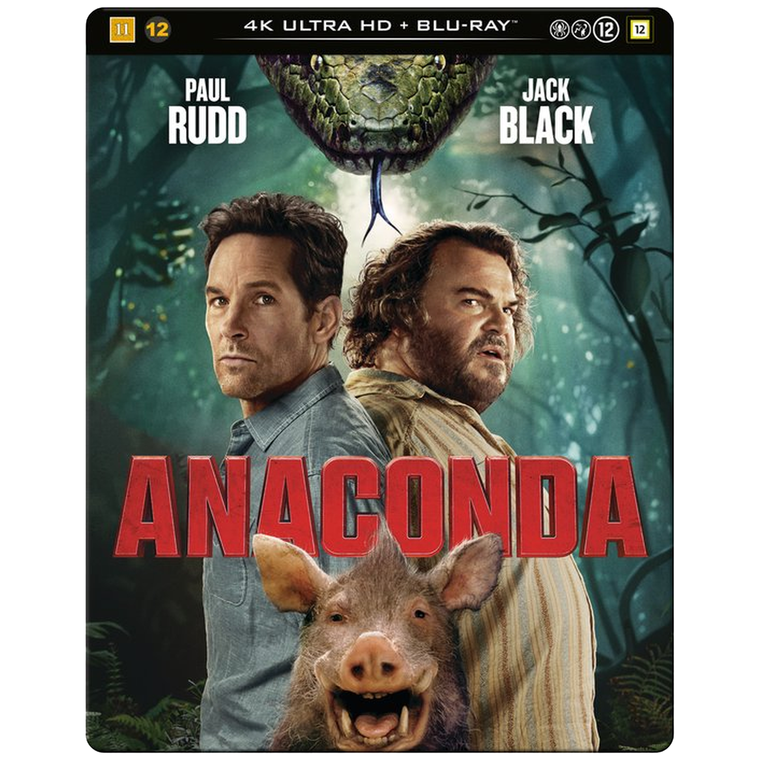 Paul Rudd et Jack Black à côté d'un cochon, avec un serpent au-dessus.