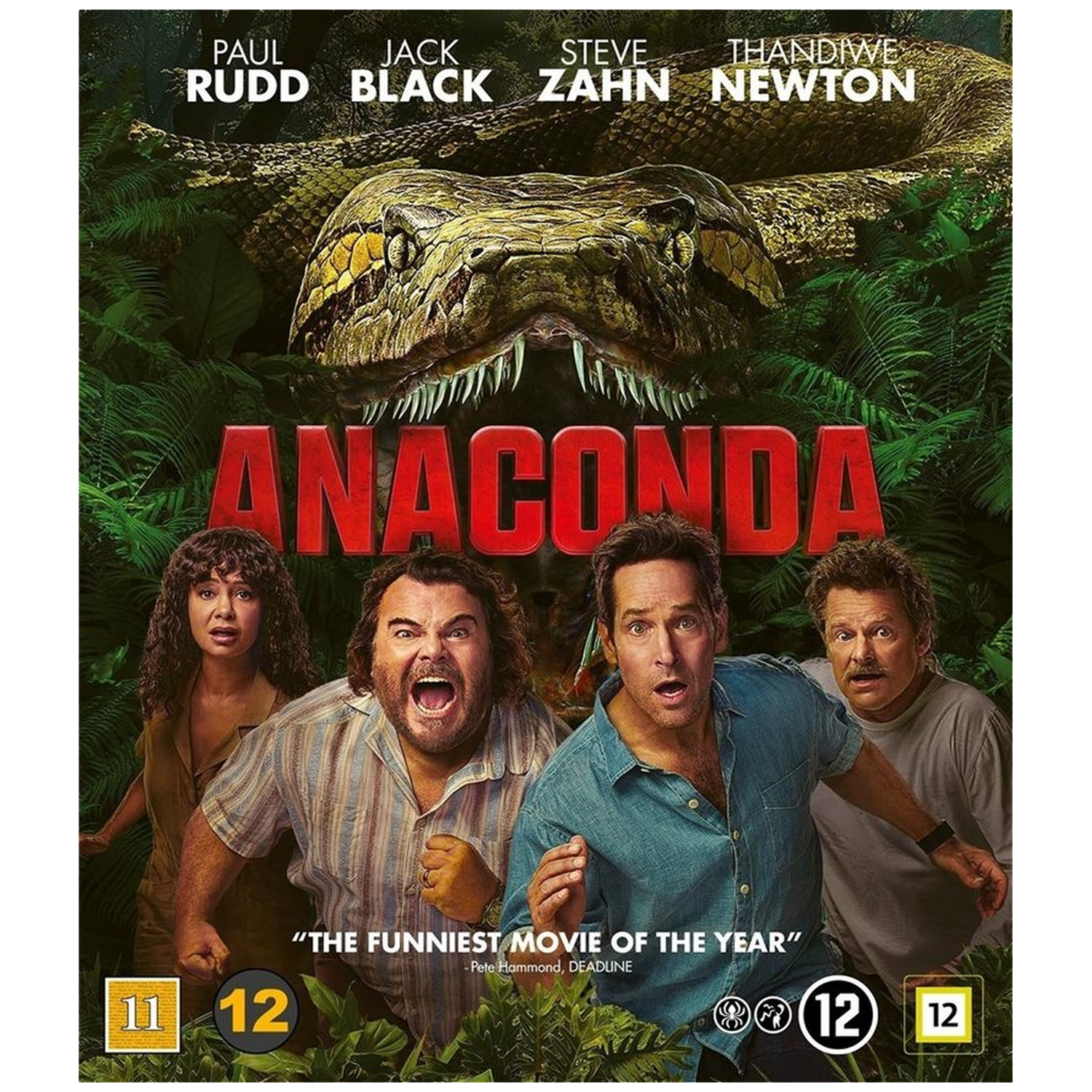 Een gigantische slang torent boven vier schreeuwende mensen in een jungle.