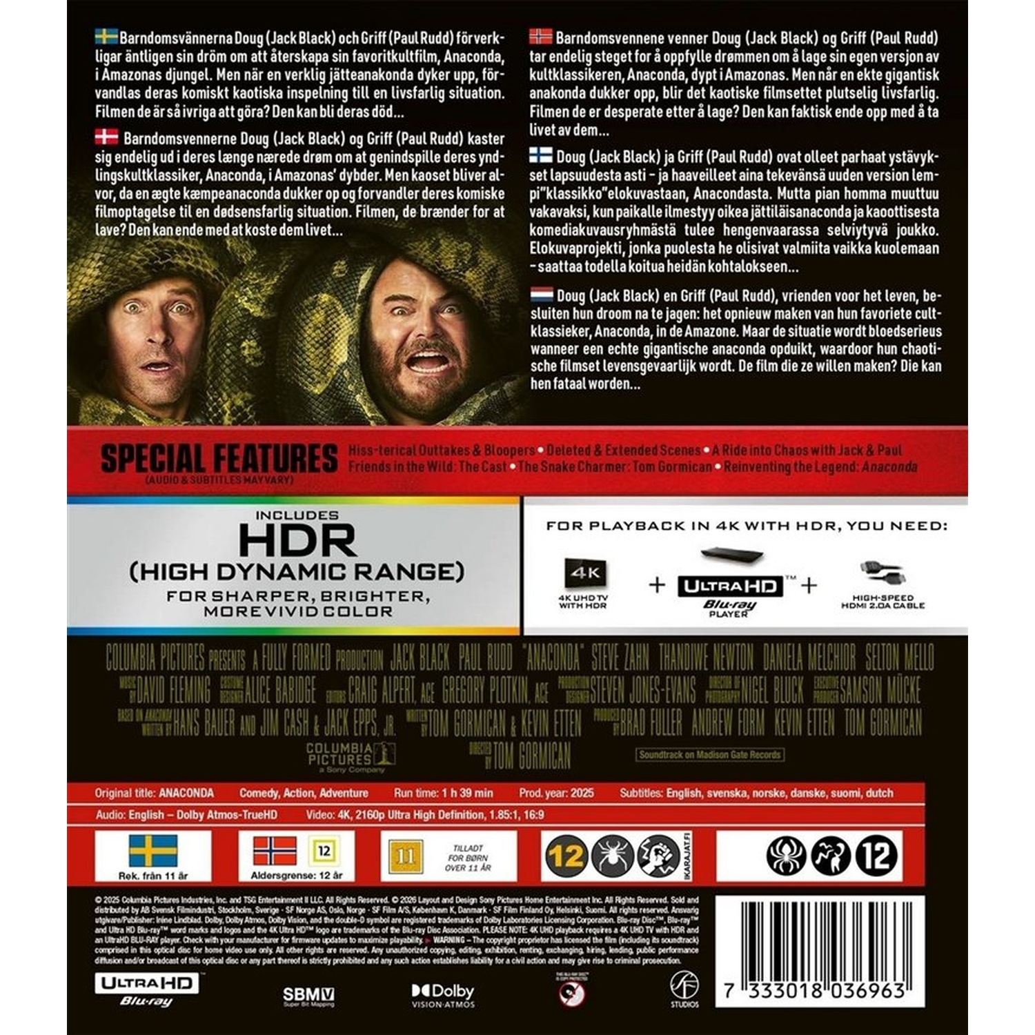Jack Black en Paul Rudd op een filmposter voor Anaconda, omringd door slangen.