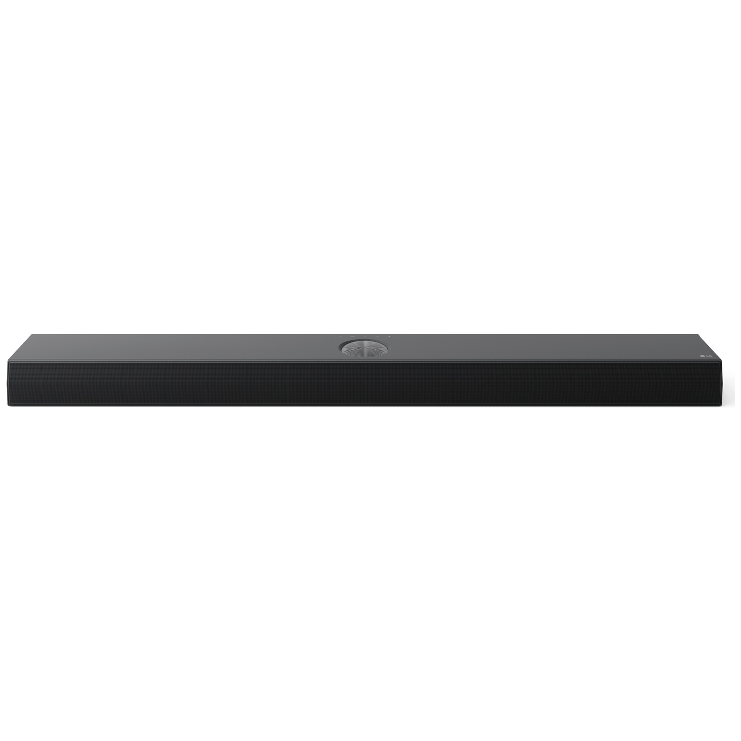 Een zwarte, slanke soundbar staat op een witte achtergrond.