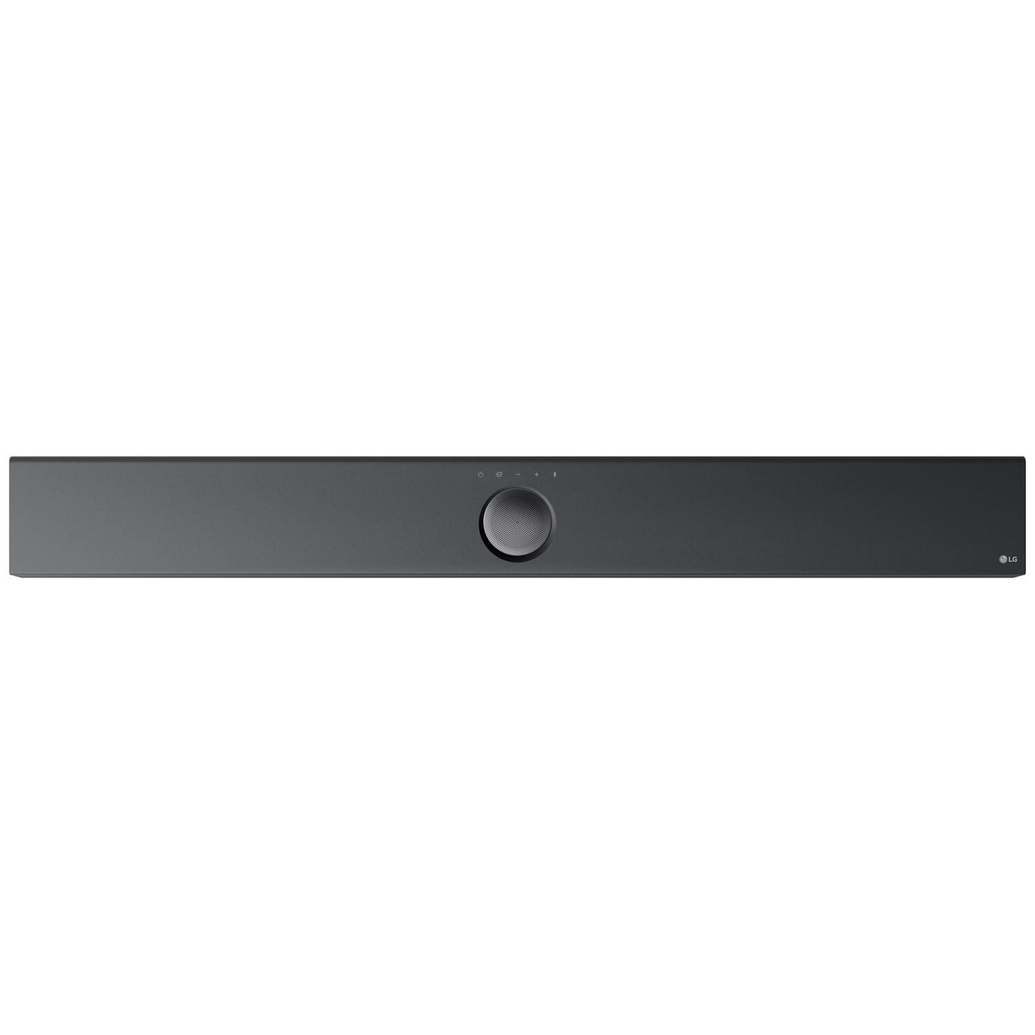 Zwarte LG soundbar met centrale draaiknop en luidsprekerroosters aan de uiteinden.