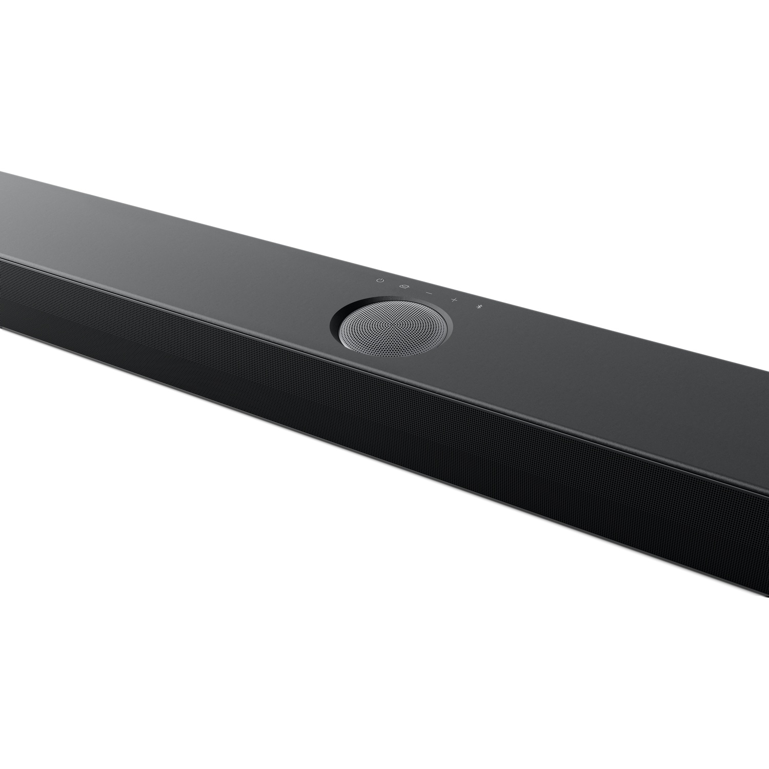 Zwarte soundbar met touch-bediening en luidroosterrrooster.