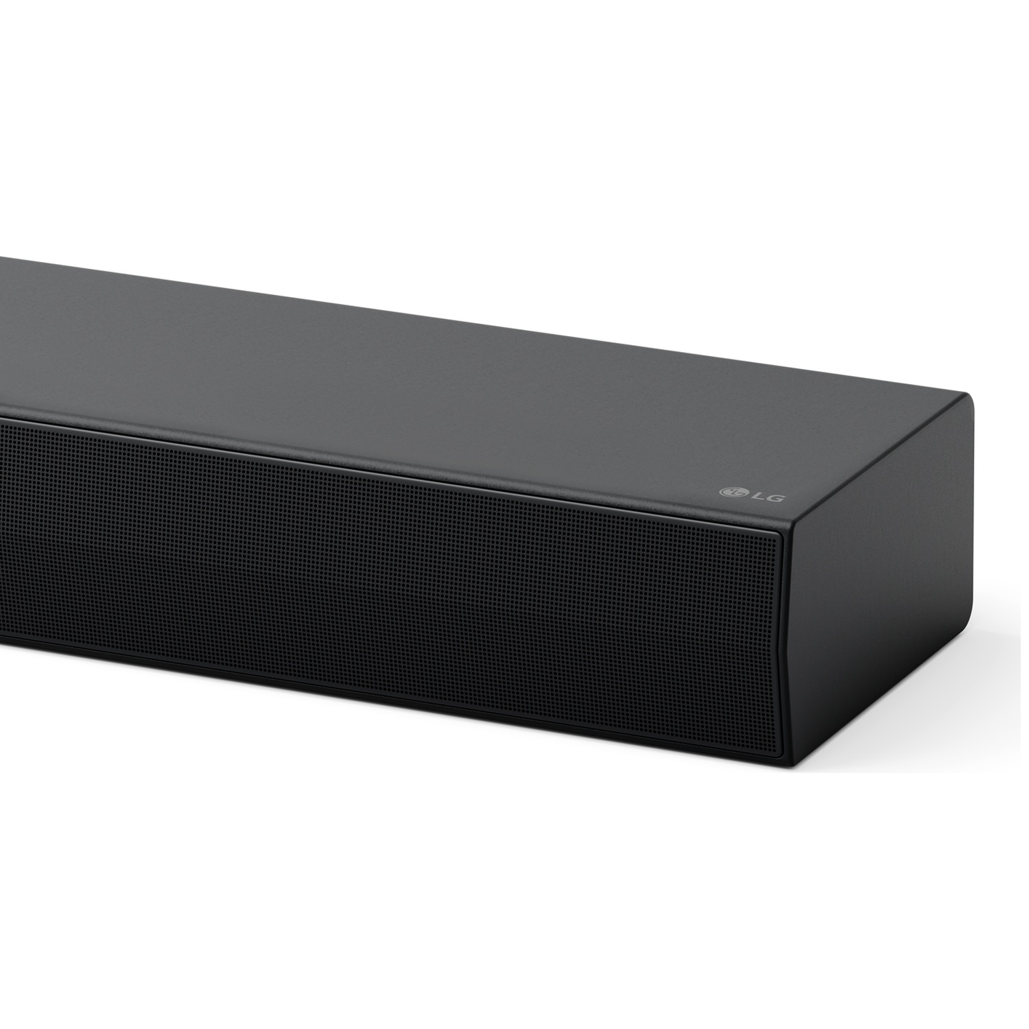 Zwarte LG soundbar met geperforeerd front en LG logo.