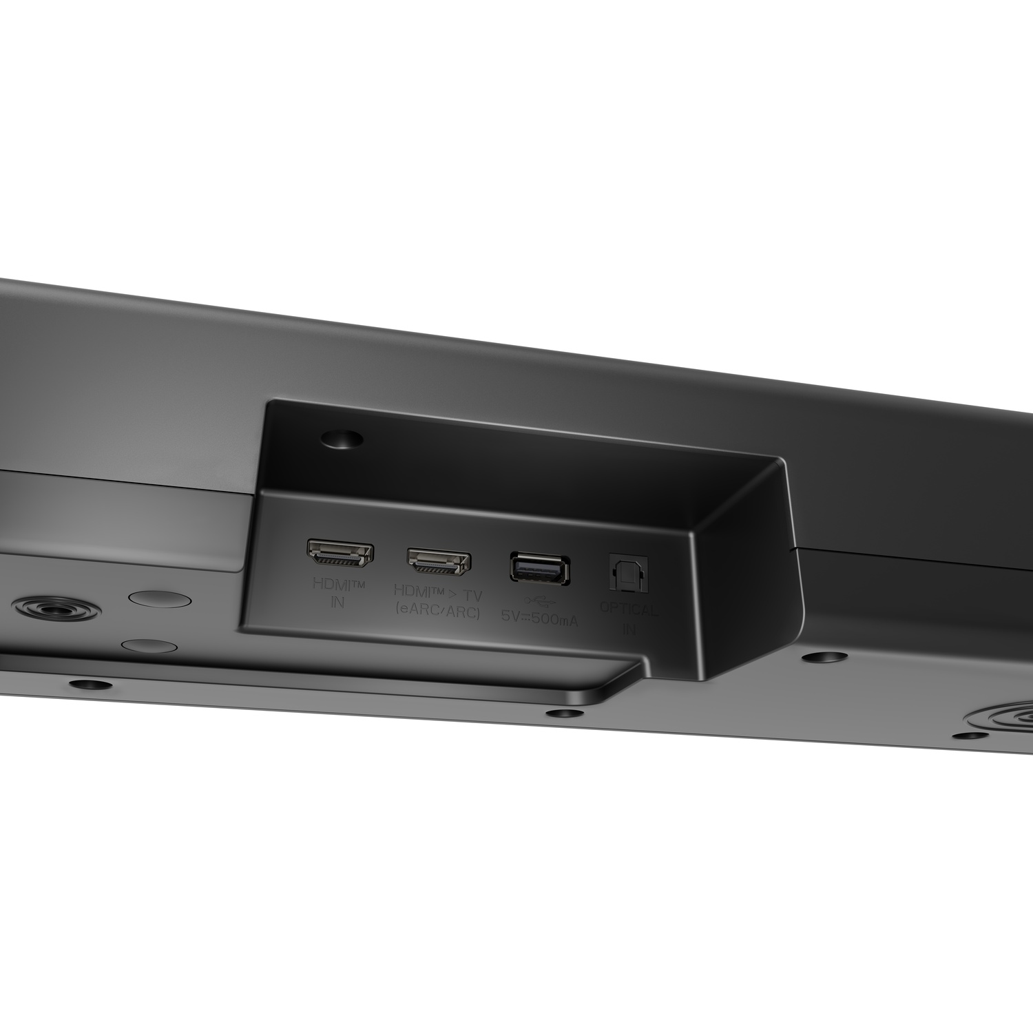 Achterkant van een zwarte soundbar met HDMI IN, HDMI TV ARC, USB en optische ingangen.