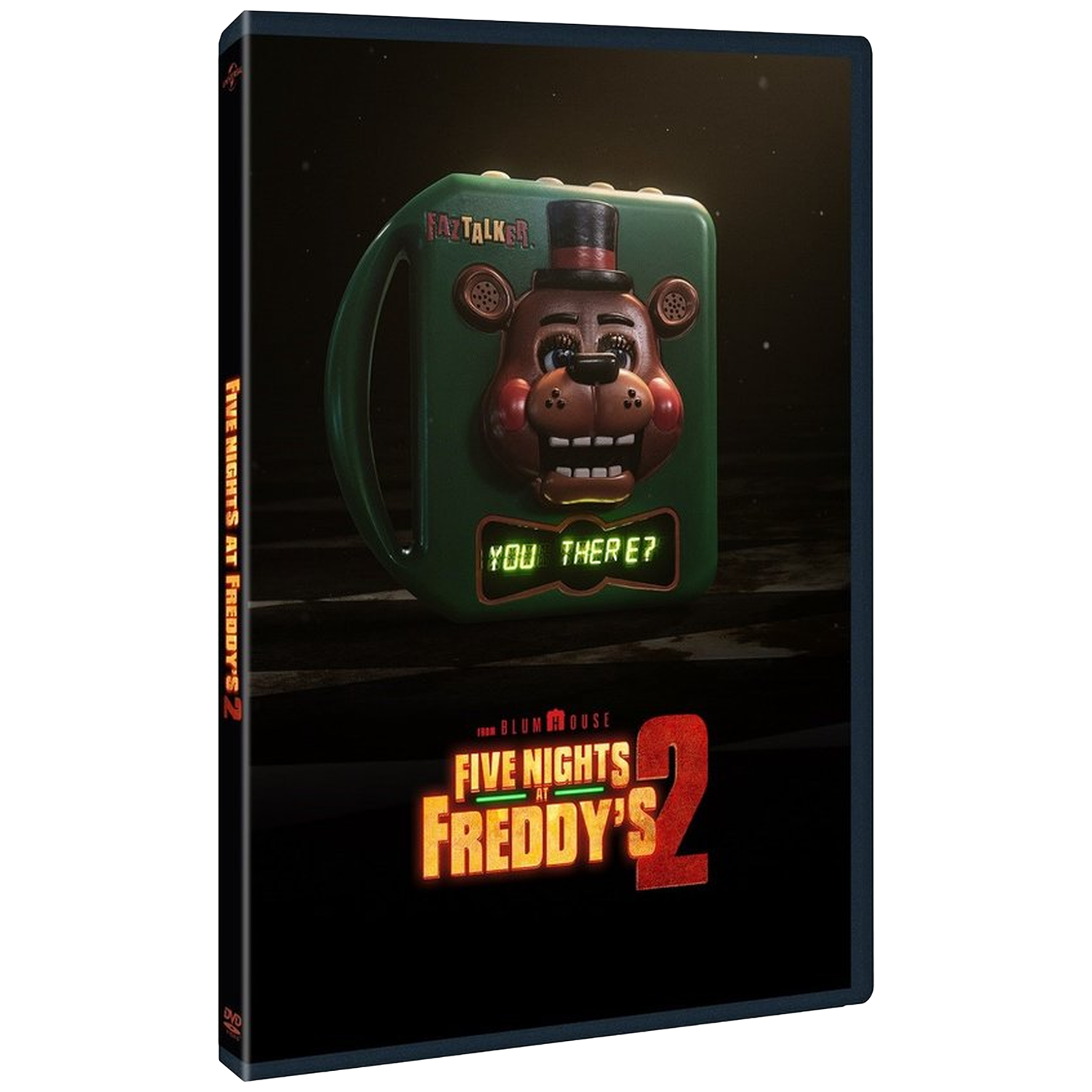 Couverture DVD Five Nights at Freddy's 2 avec le visage de Toy Freddy sur un appareil vert.