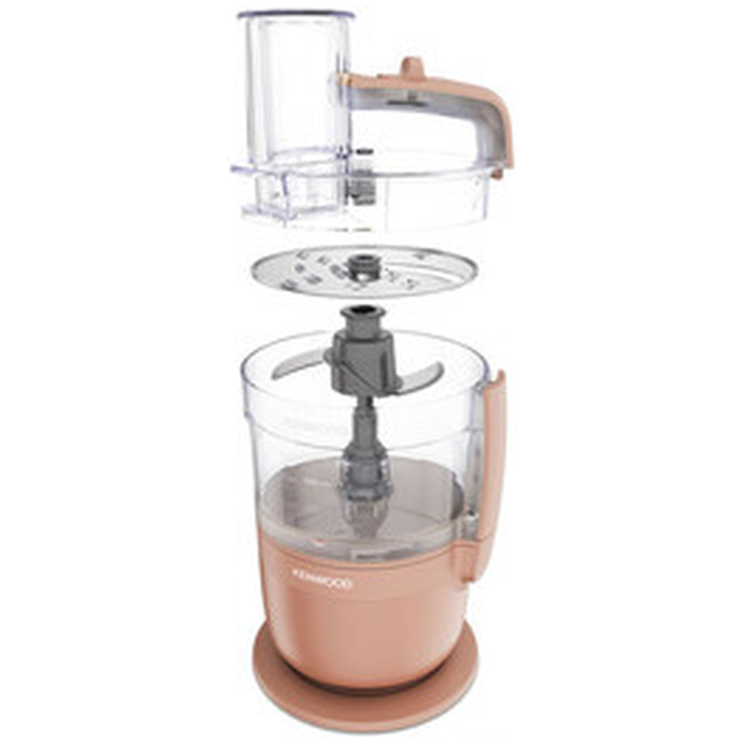A disassembled pink food processor showing blades and container.