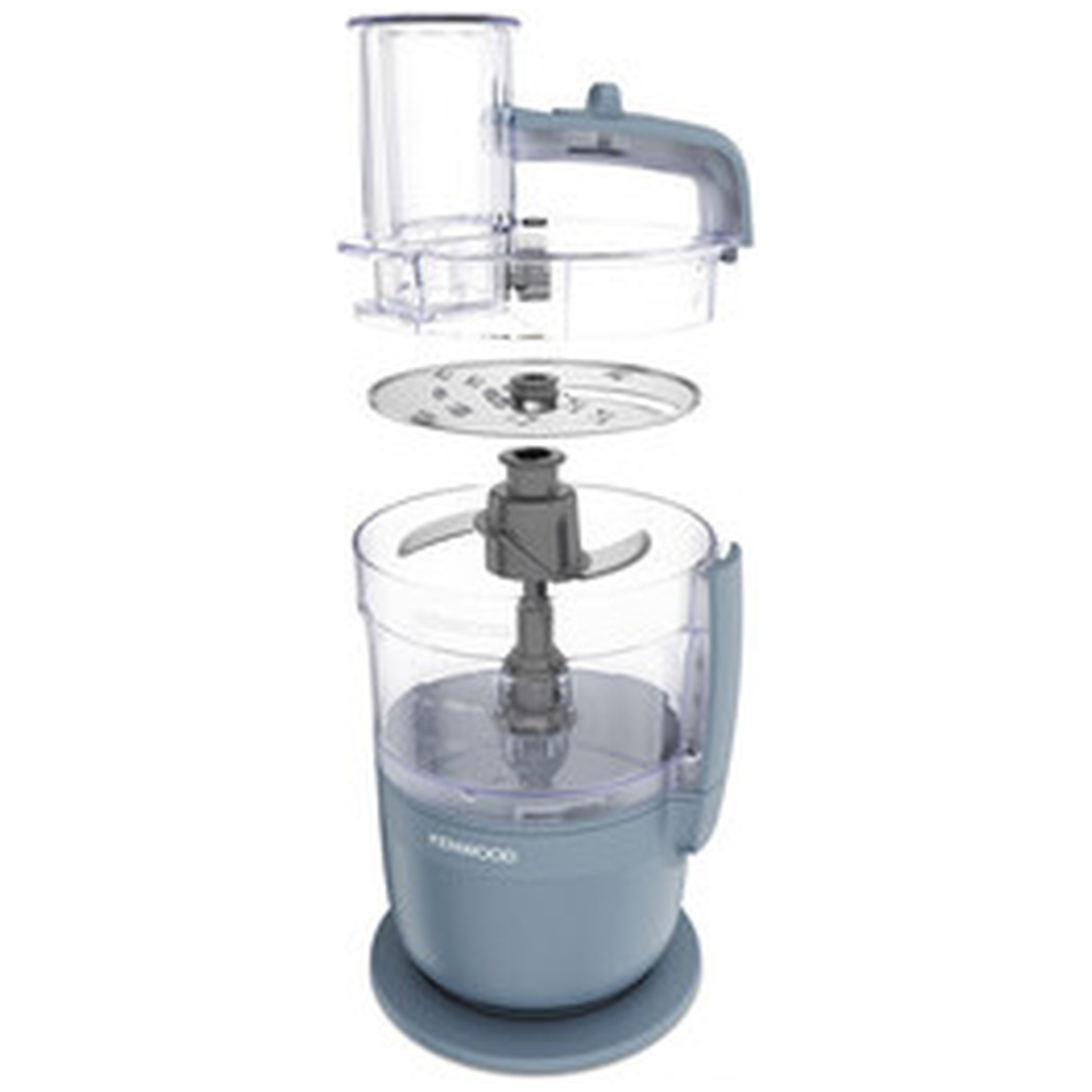A disassembled blue Kenwood food processor with blades and container.
