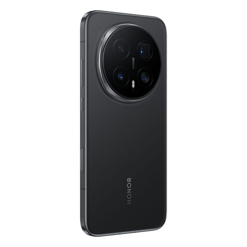 Parte trasera de un smartphone Honor negro con unidad de cámara redonda.