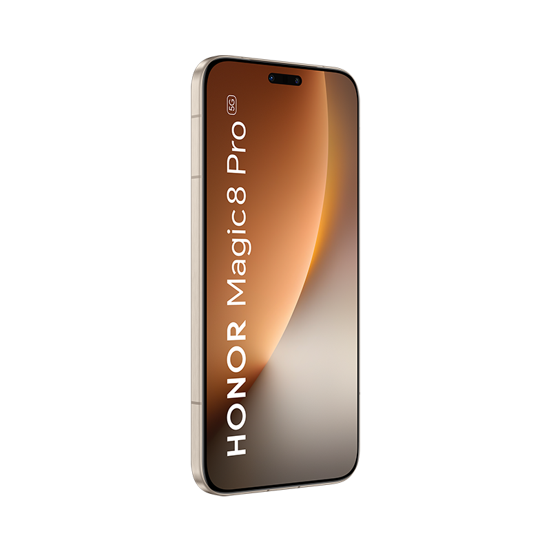 Un smartphone HONOR Magic8 Pro 5G dorado con un degradado naranja en la pantalla.
