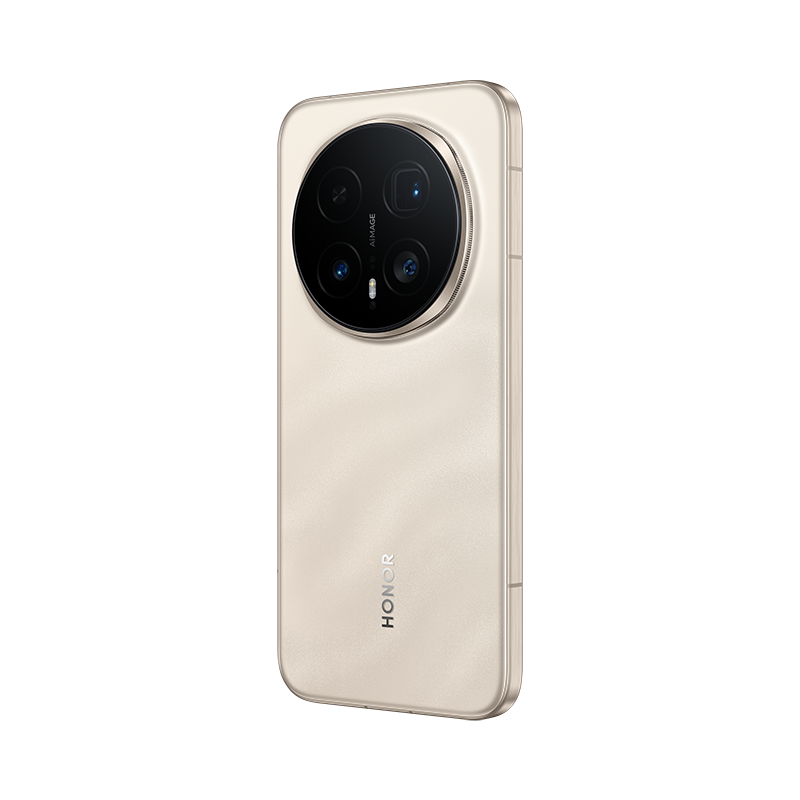 Un smartphone beige claro con configuración de cuádruple cámara trasera. El logo Honor es visible.