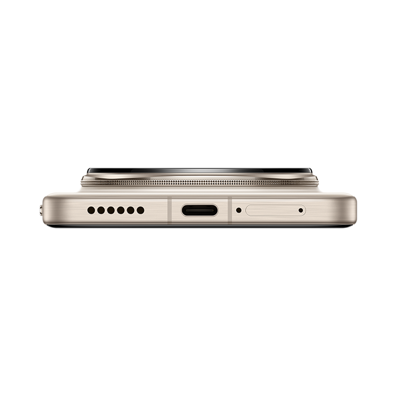 Borde inferior de un smartphone dorado con rejilla de altavoz, puerto USB-C y bandeja SIM.