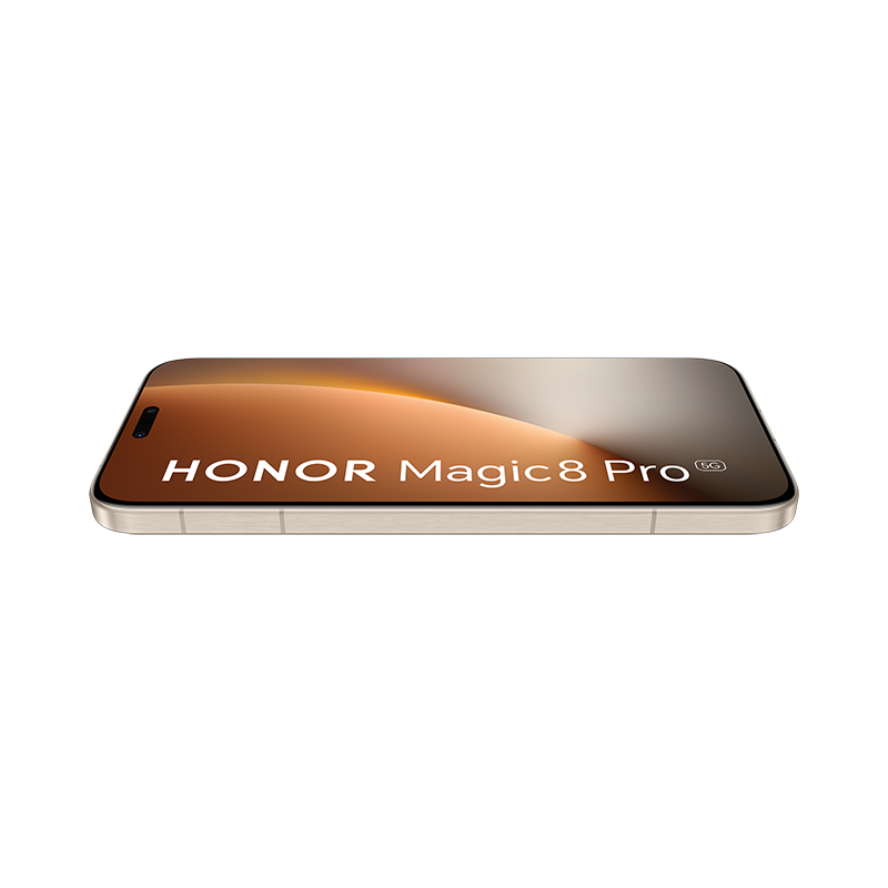 Un smartphone HONOR Magic 8 Pro con marco plateado y fondo bronce.