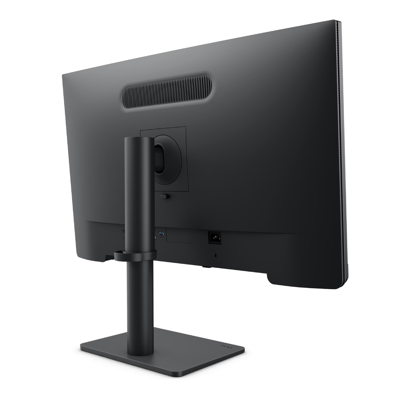 Vista trasera de un monitor negro con soporte, puertos visibles.