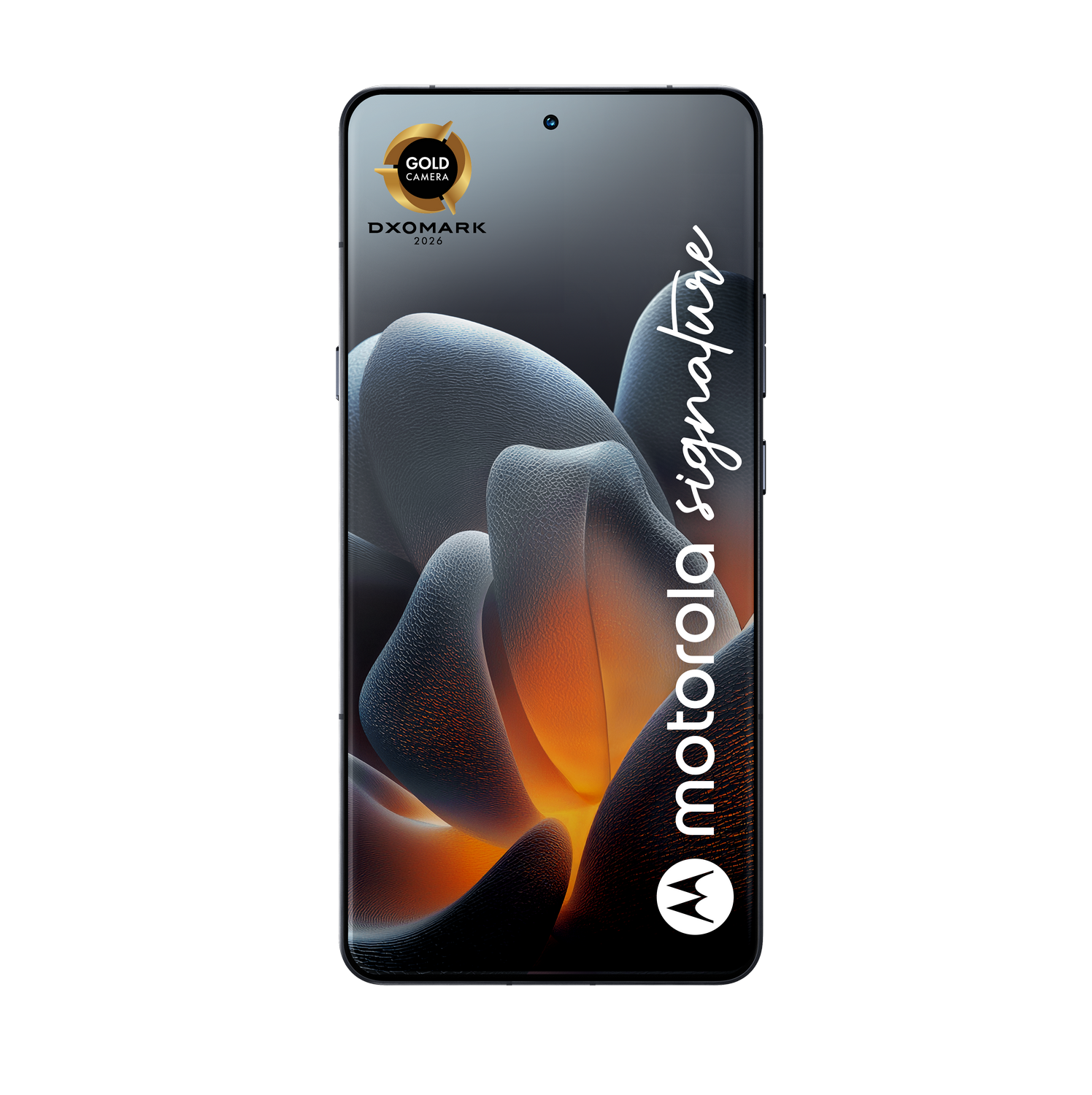 Teléfono Motorola con fondo de pantalla abstracto y logo DXOMARK Gold Camera.
