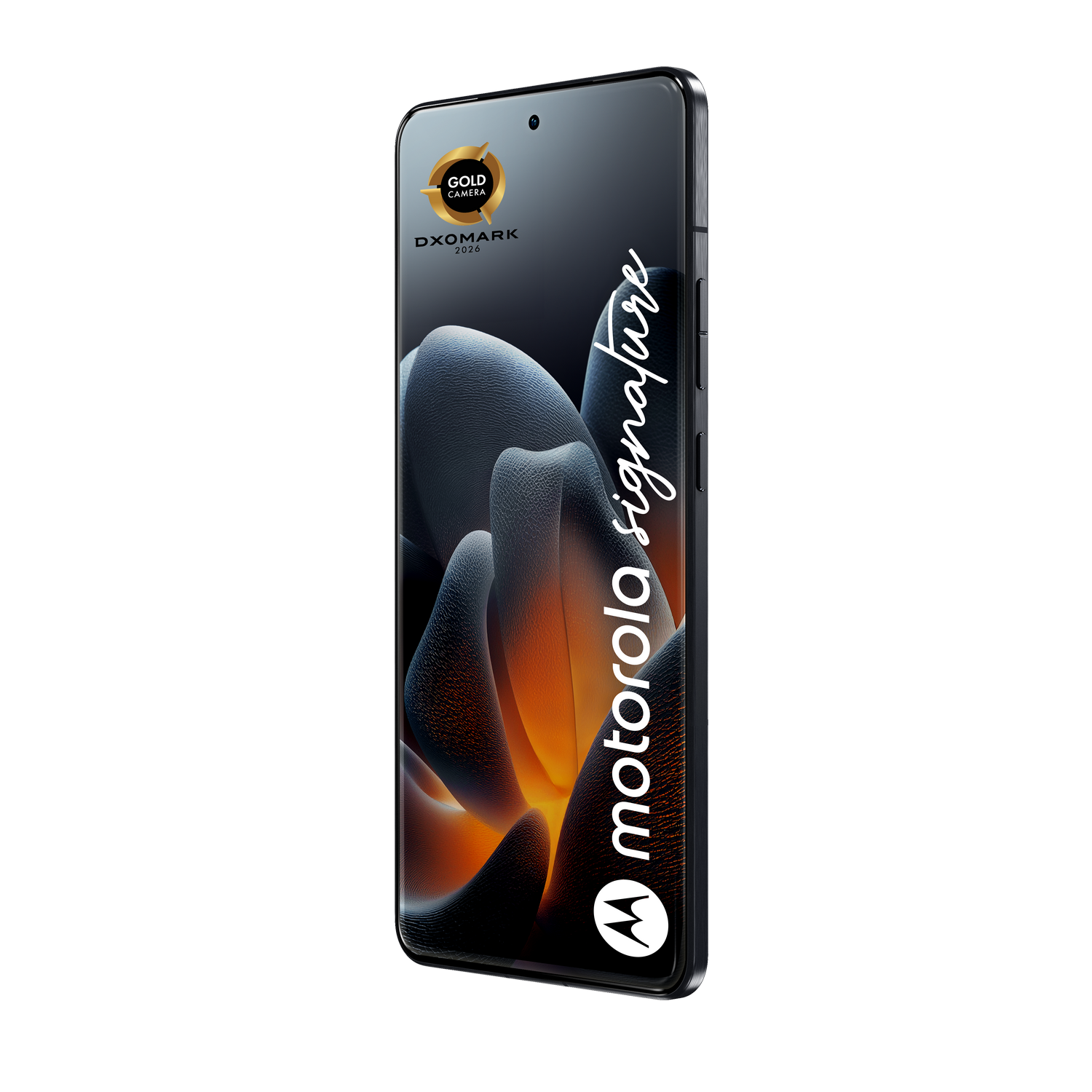 Smartphone Motorola con sello Gold Camera DXOMARK 2026 y fondo abstracto.