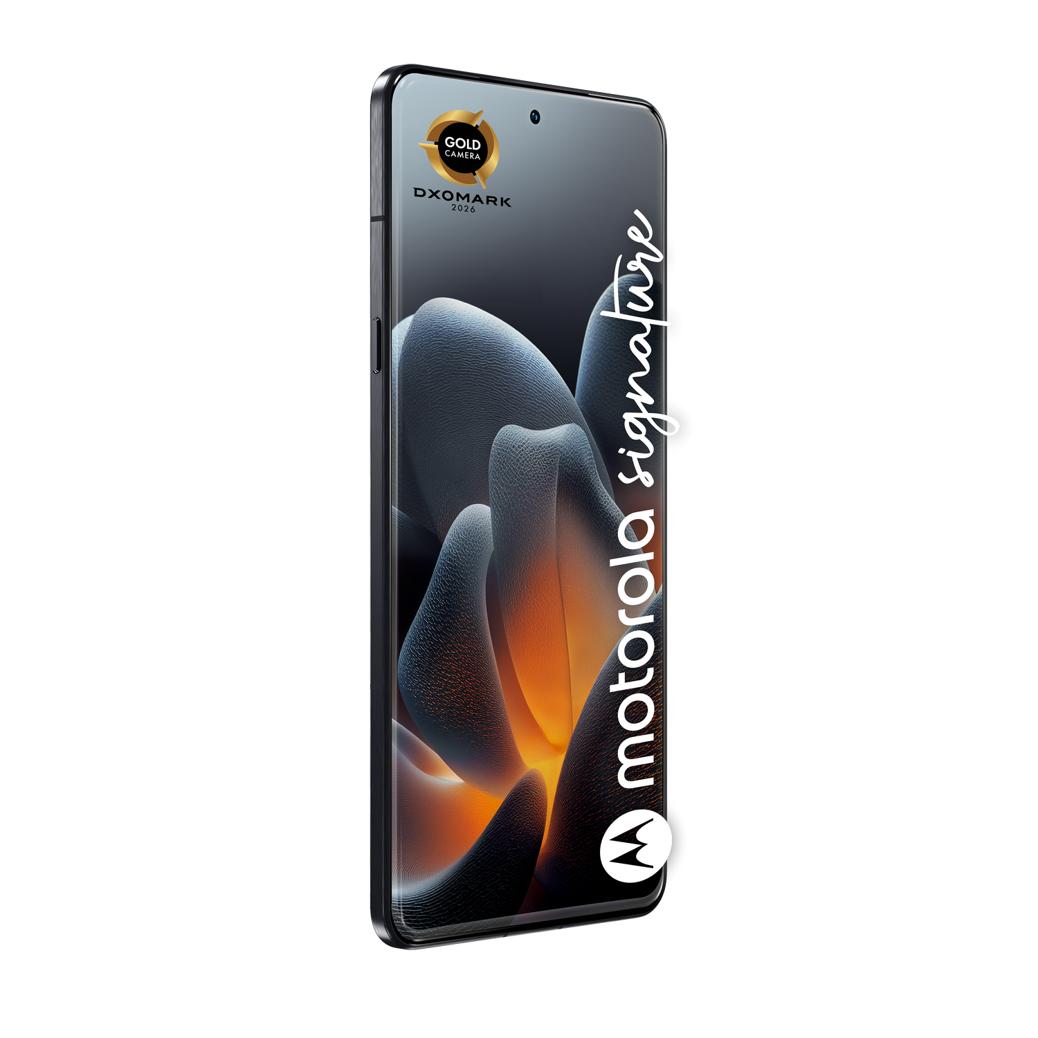 Smartphone Motorola con sello DXOMARK Gold Camera. Arte abstracto en la pantalla.