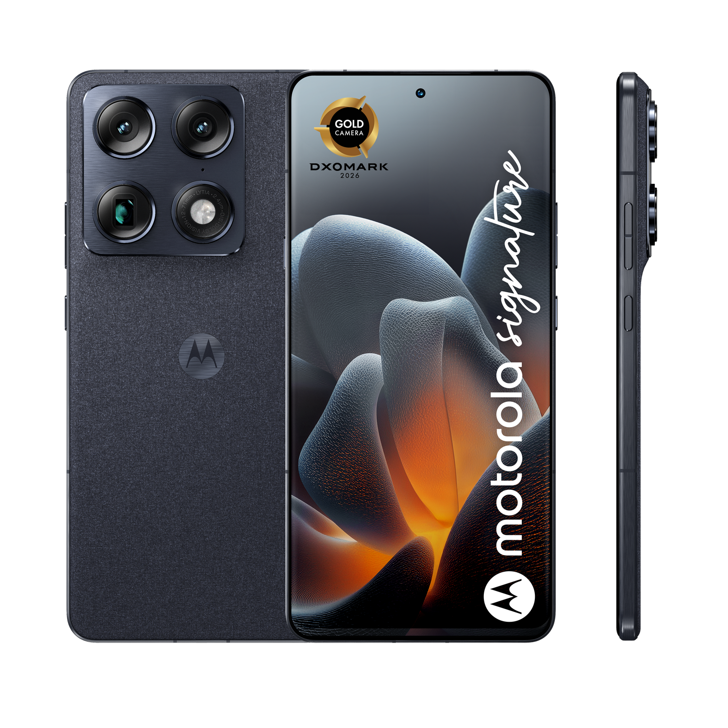 Tres vistas de un Motorola oscuro con cuatro cámaras y texto 'Motorola Signature'.