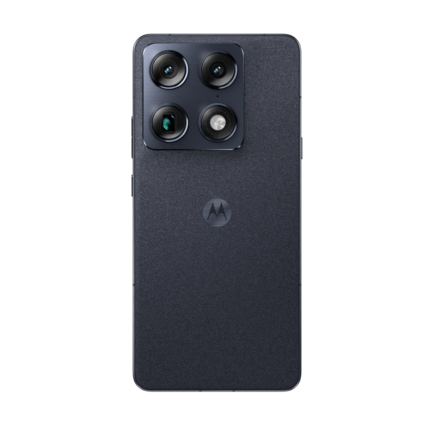Teléfono Motorola gris oscuro con configuración de cámara cuádruple y logo Motorola.