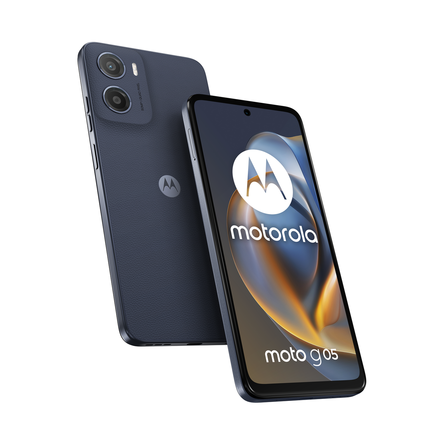 Tres teléfonos Motorola Moto G05 azul oscuro, uno con la pantalla hacia adelante.